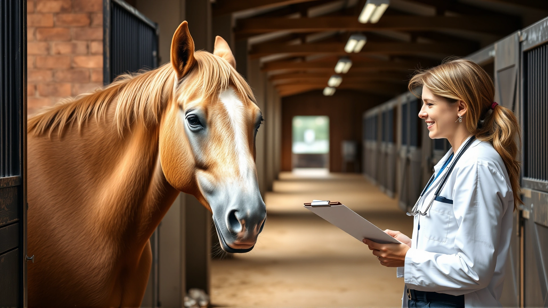 Horse owner discussing treatment plan with a female veterinarian beside a calm palomino horse in a barn aisle, both looking at a clipboard, friendly professional atmosphere, no text.