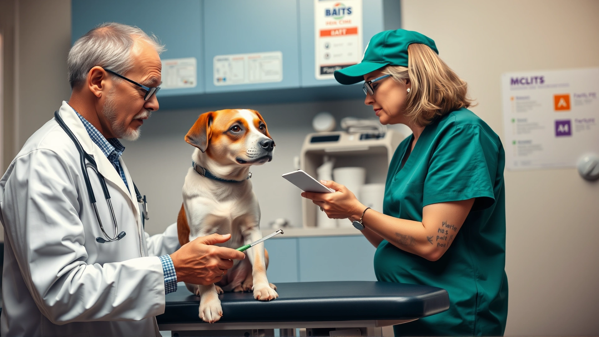 Veterinarian discussing a medical chart with a pet owner while the dog sits on the exam table.