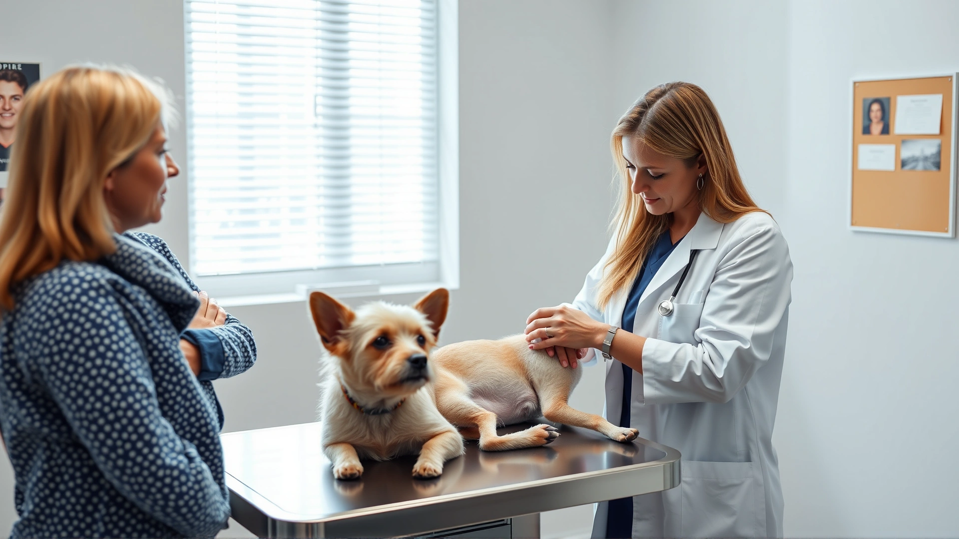Veterinarian in white coat gently examining a small dog on the clinic table while the owner watches, bright clinical setting