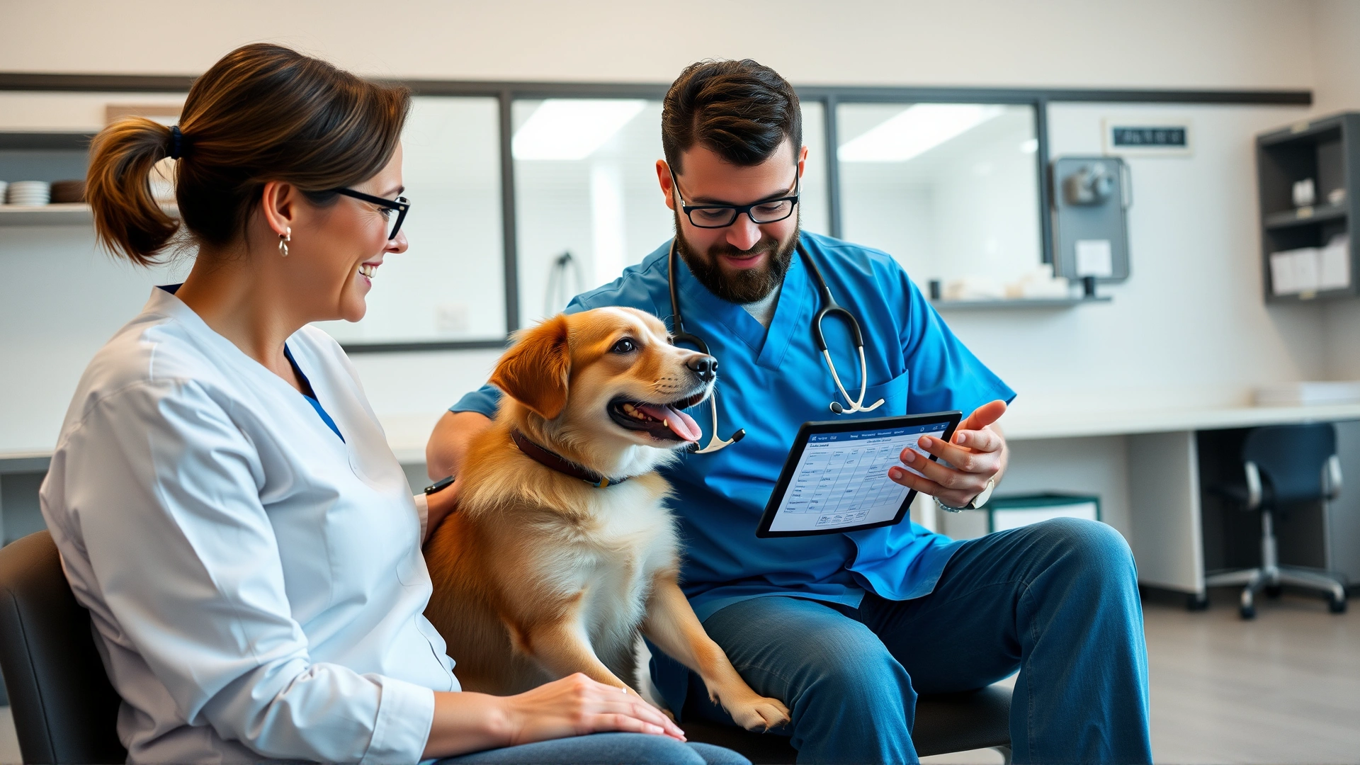 Pet owner sitting with a veterinarian discussing a dog’s medical chart on a digital tablet inside a modern veterinary clinic