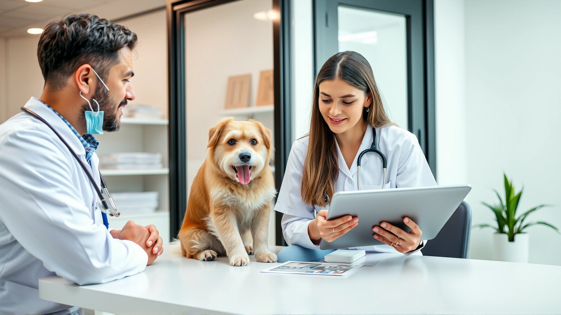 Pet owner consulting with a veterinarian in a modern clinic while looking at the pet's medical chart on a tablet.