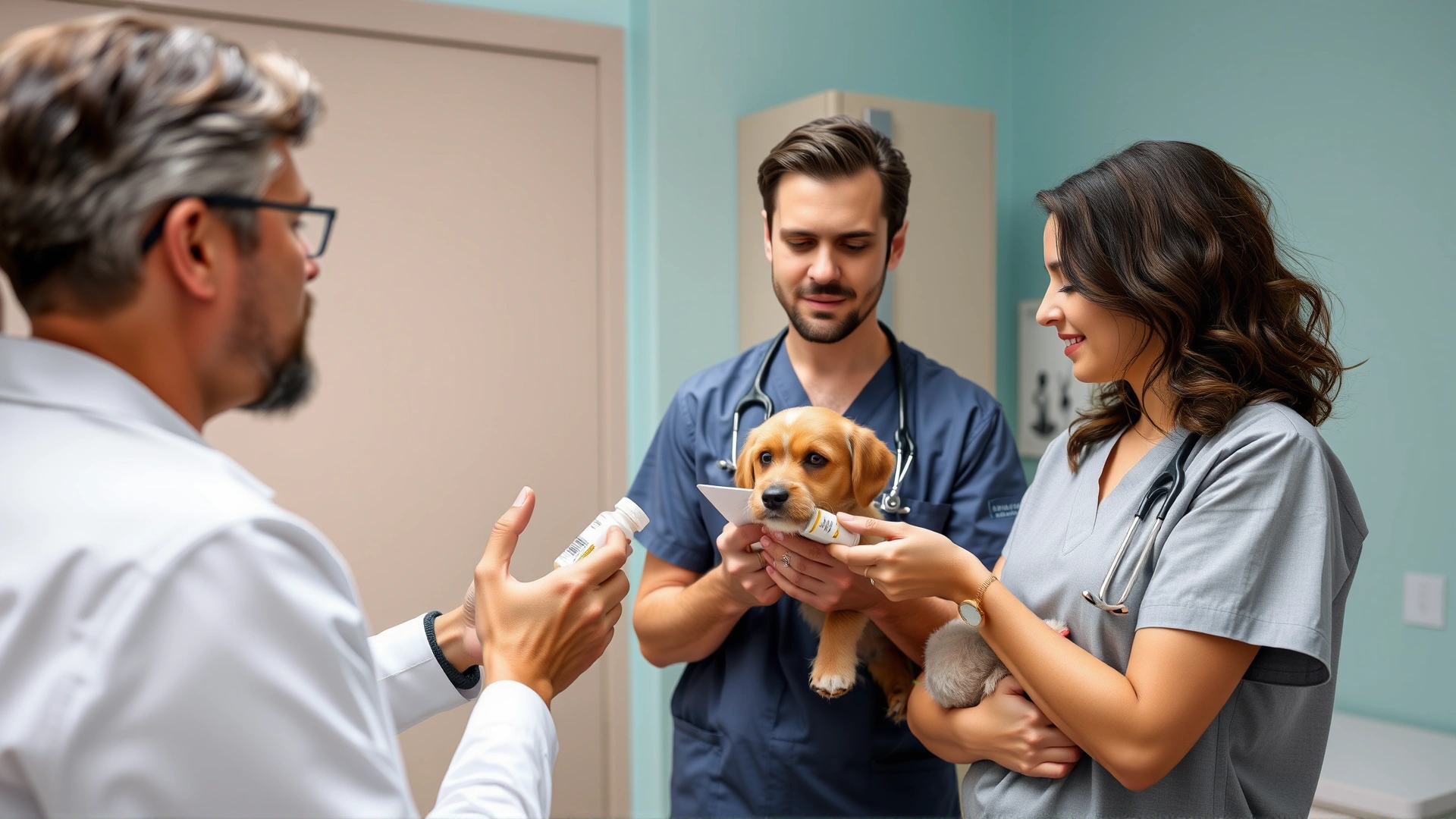 A veterinarian in scrubs explaining medication instructions to a pet owner holding a dog inside a bright exam room