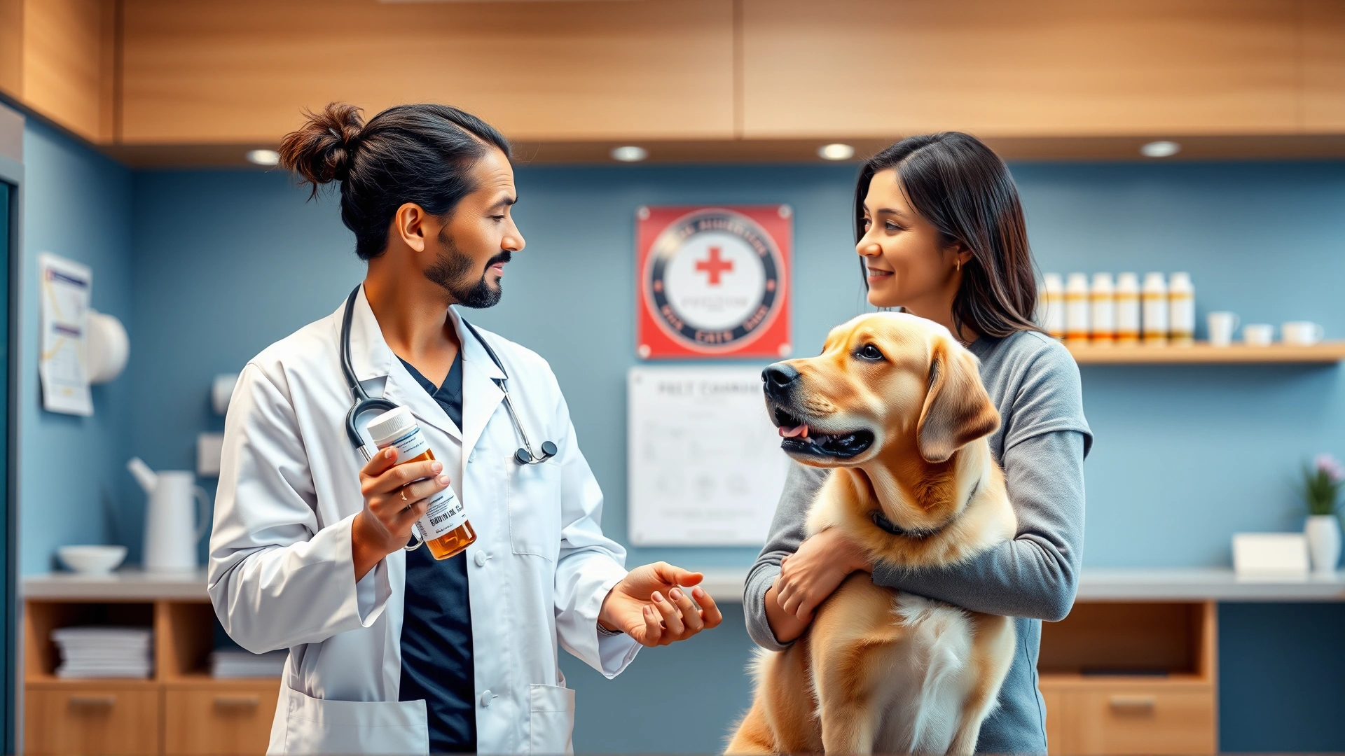 Scene inside a modern veterinary clinic: a veterinarian in a white coat explaining a prescription bottle to a dog owner holding her Labrador Retriever.