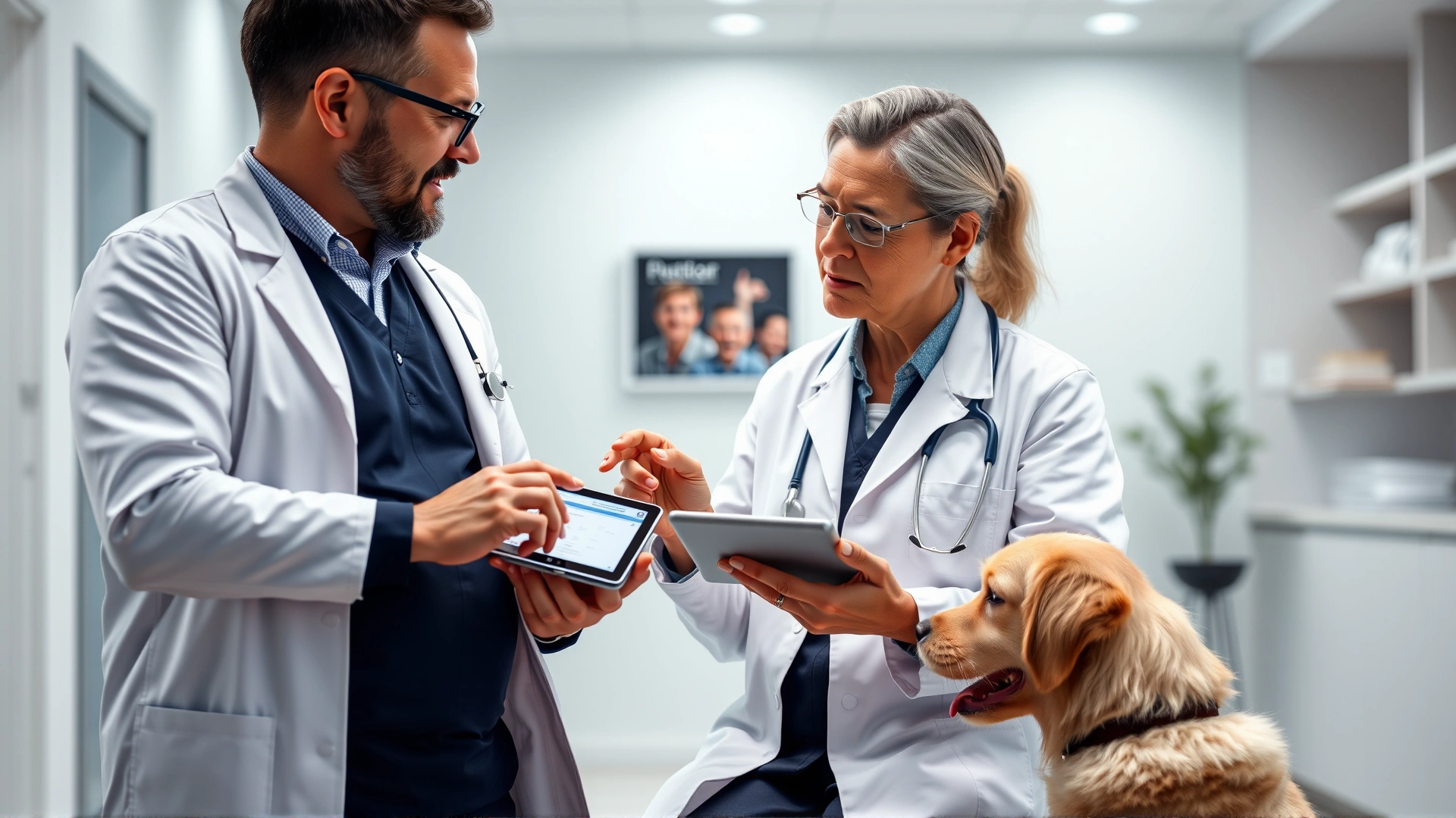 Veterinarian in a white coat discussing a prescription with a pet owner while pointing at a digital tablet screen, modern clinic interior, dog sitting beside them