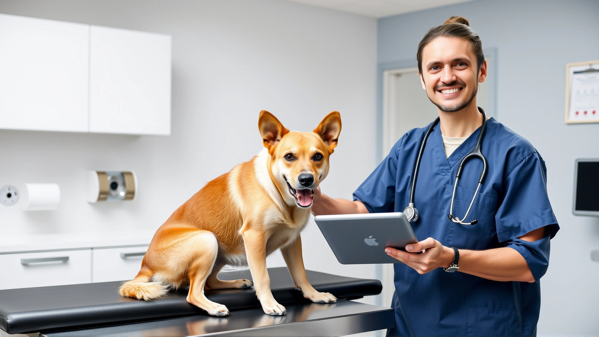 Smiling veterinarian in a modern clinic examining a medium-sized dog on the exam table while holding a digital tablet, no text.