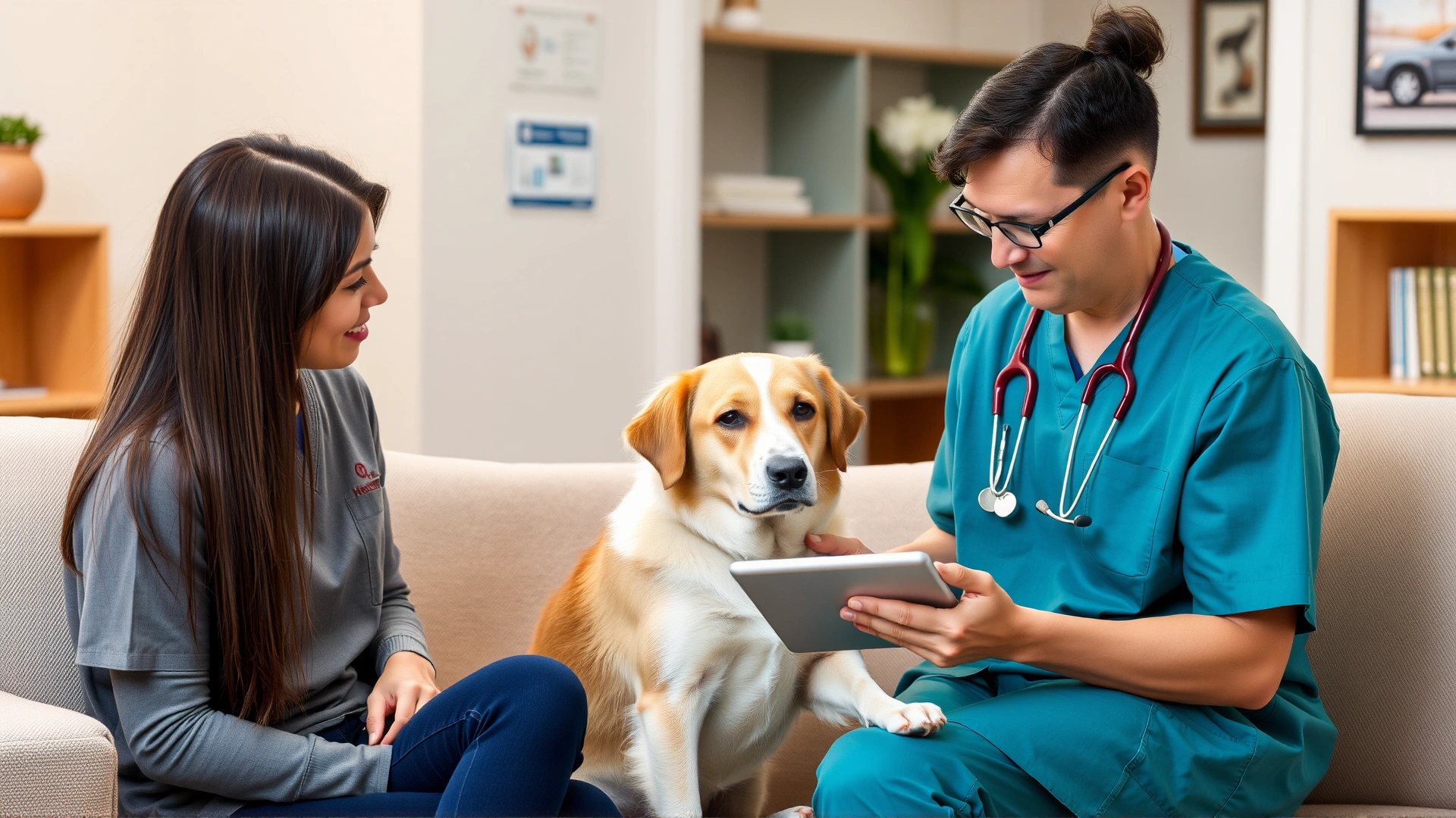 Dog owner sitting with a veterinarian discussing medical test results on a tablet, dog on lap, cozy clinic interior.