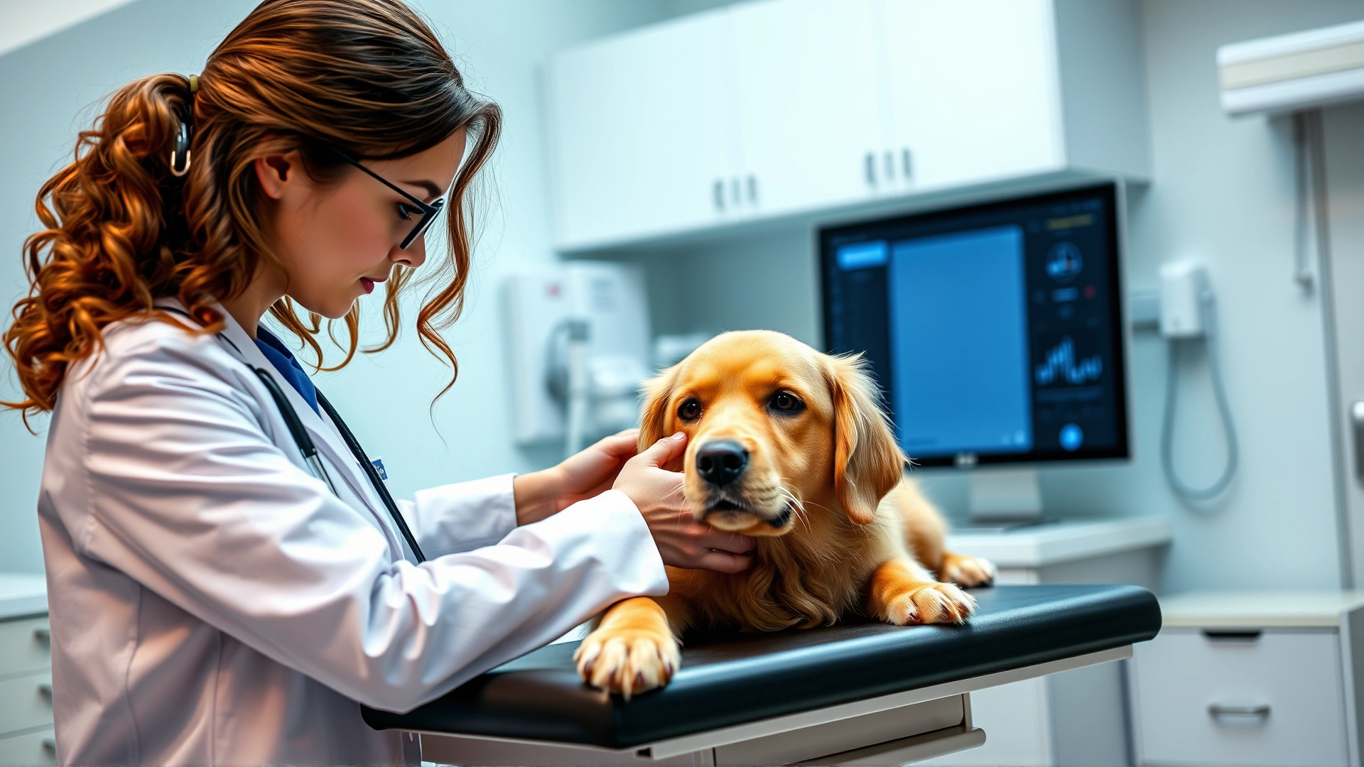 Female veterinarian wearing a white coat examining a golden retriever on an exam table in a modern clinic, computer and medical tools in background.