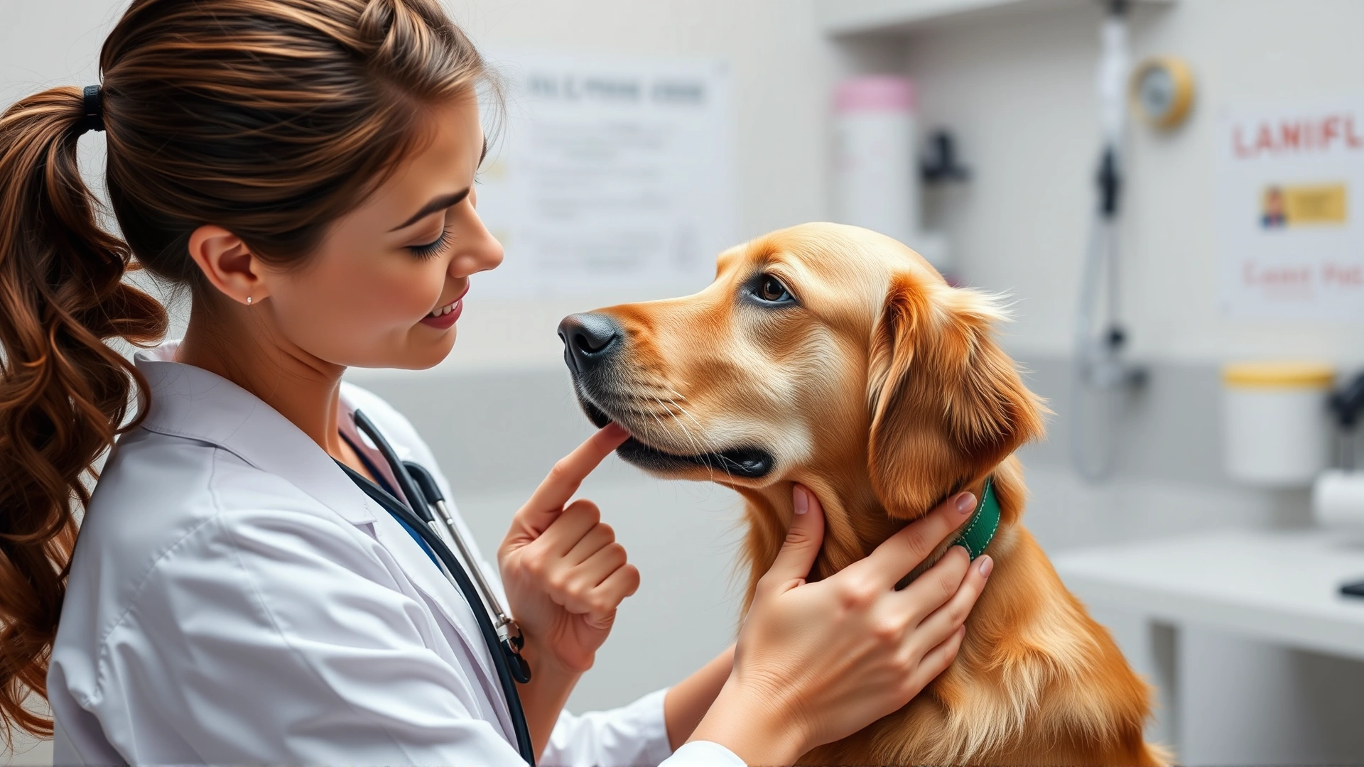 Female veterinarian in clinic gently examining a golden retriever’s neck while pointing at a flea collar