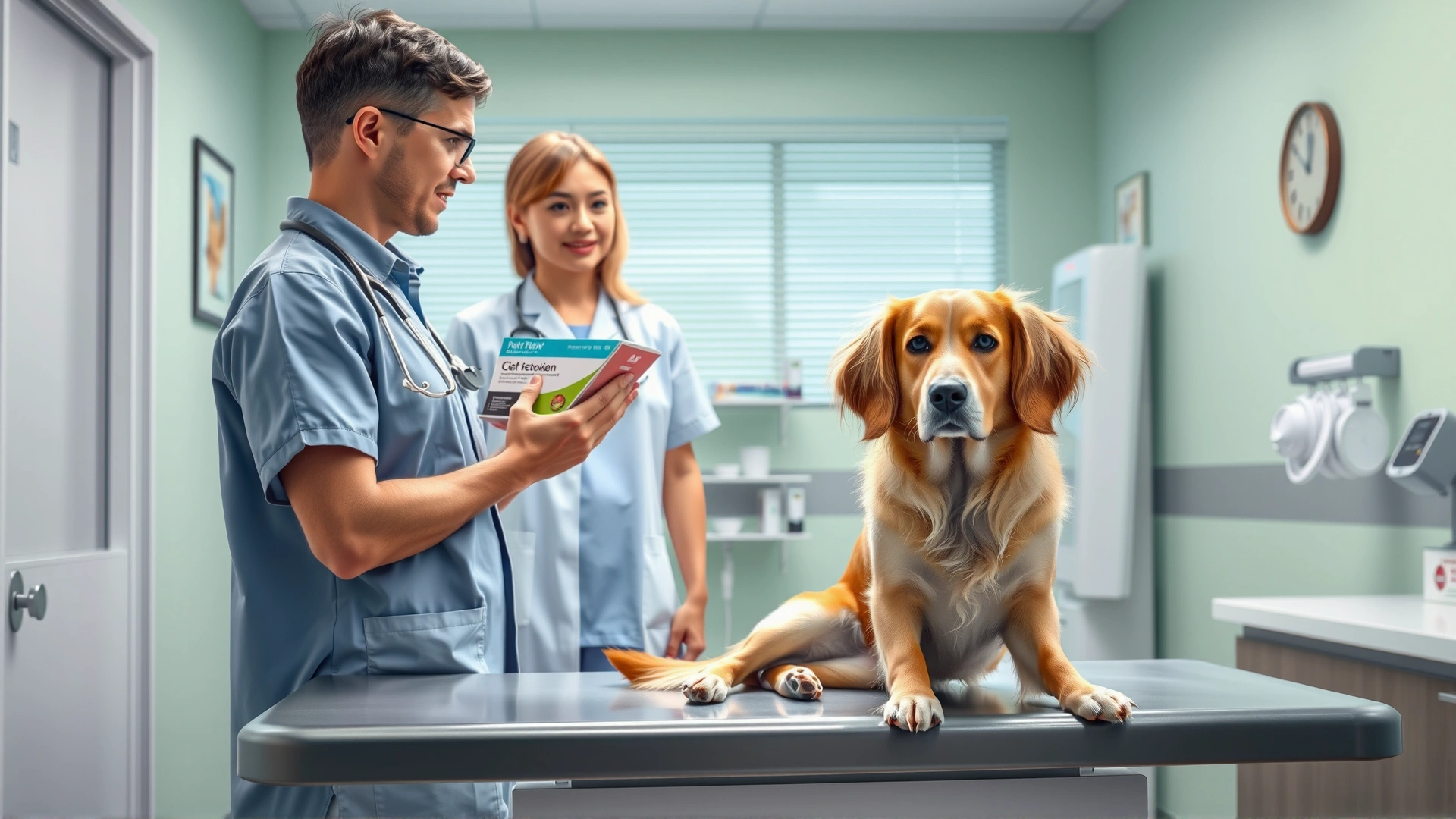 Bright veterinary clinic scene where a pet owner talks with a veterinarian holding a box of flea prevention medication; a calm dog sits next to them on the exam table.