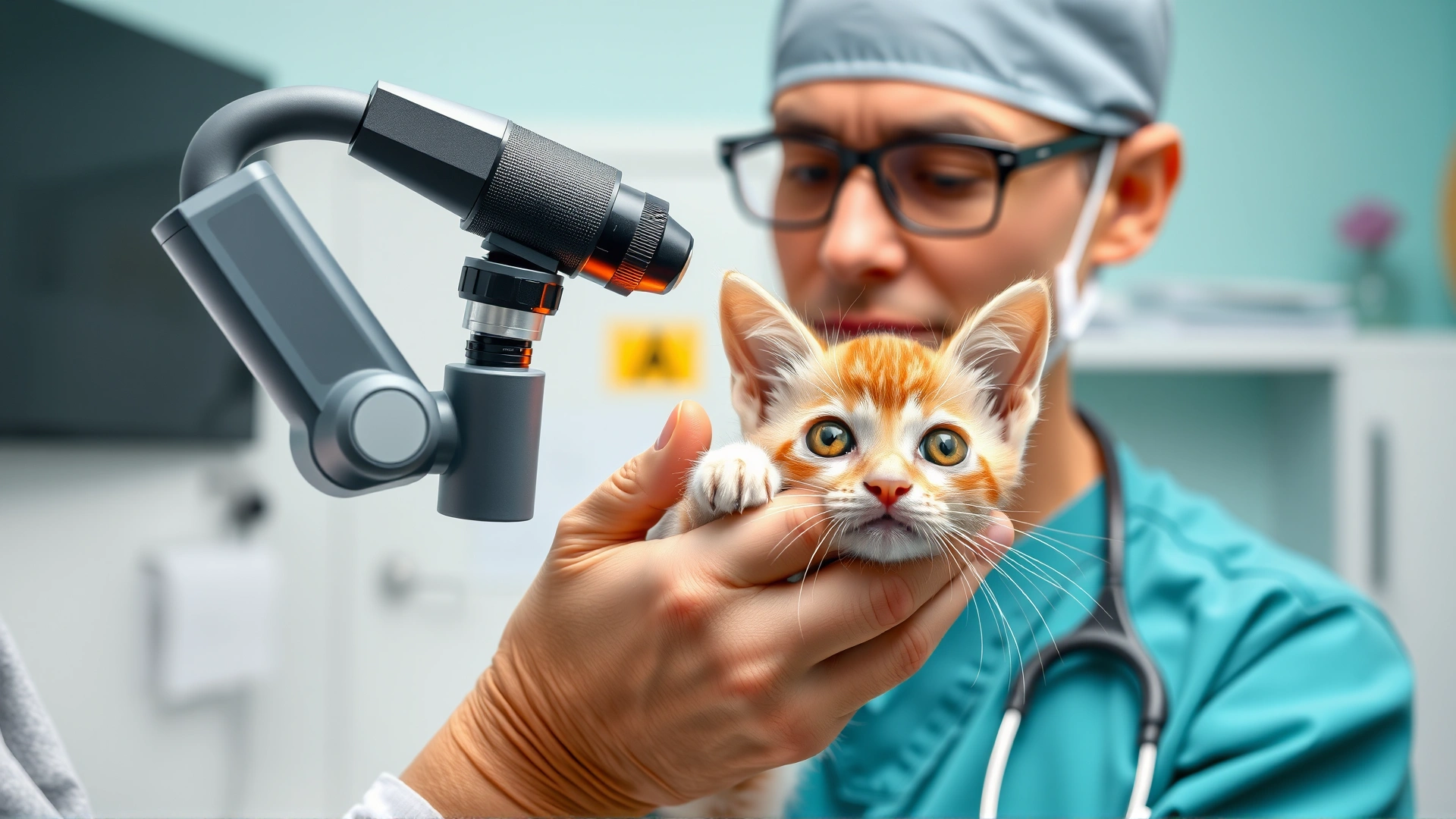 Veterinarian wearing scrubs examining a tiny kitten’s eye with an ophthalmoscope in a bright clinic room