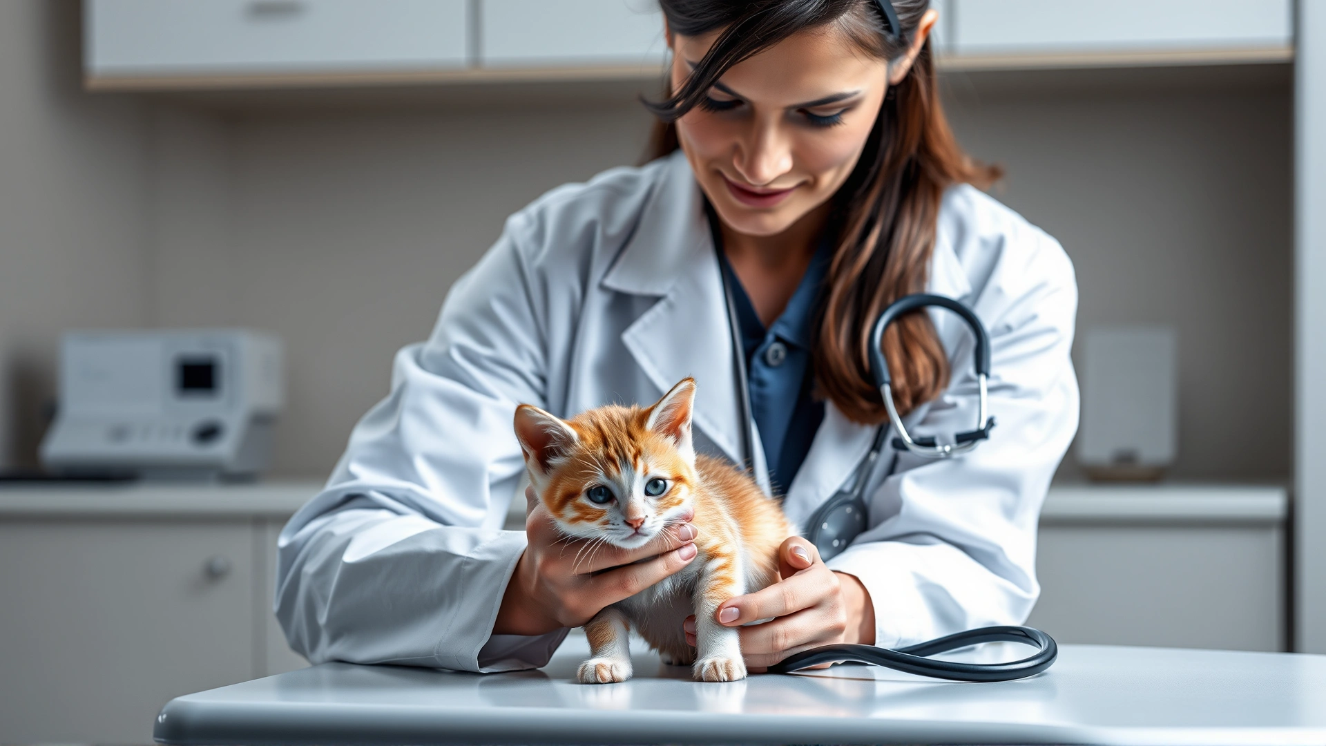 Veterinarian wearing white coat examining a young kitten on an exam table, stethoscope visible, clinical setting.