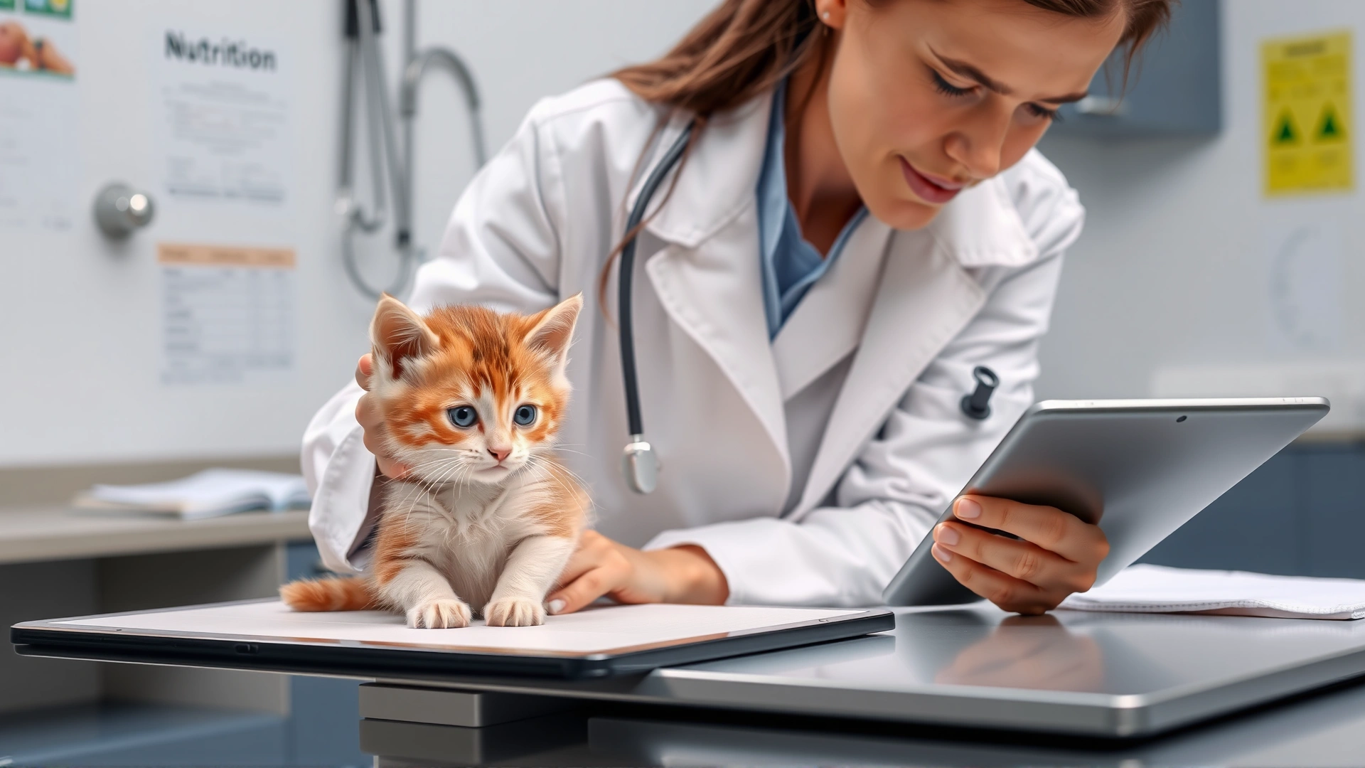 A veterinarian in a white coat examining a small kitten on the clinic table while pointing at a nutrition chart on a tablet.