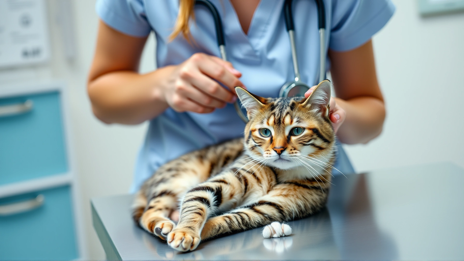 Female veterinarian gently examining a calm tabby cat on a clinic table, stethoscope around her neck, conveying professional consultation.