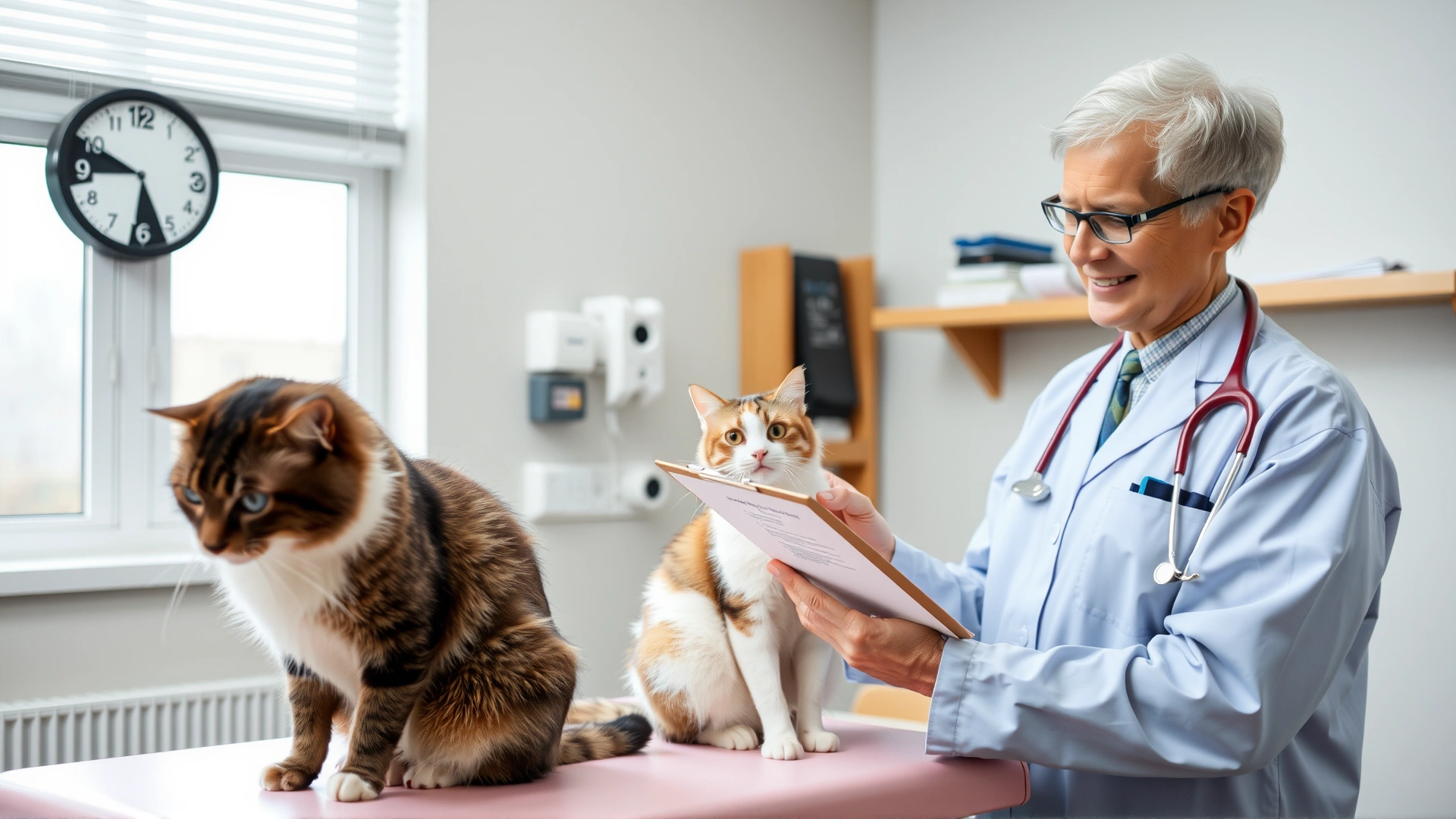 Photo of a veterinarian showing a treatment plan on a clipboard to a cat owner while the cat sits on the exam table, friendly atmosphere.