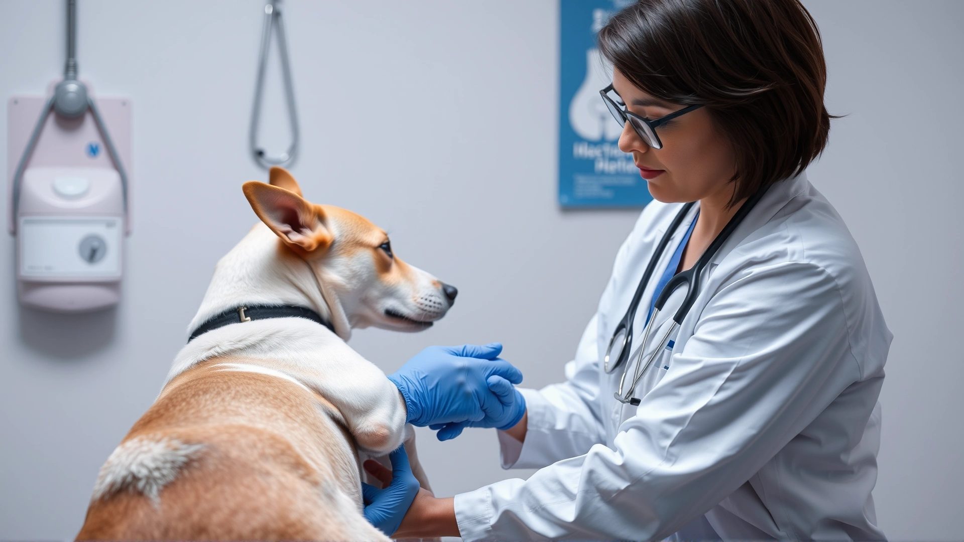 Veterinarian gently examining a dog's hind legs in a clinic setting, discussing joint health