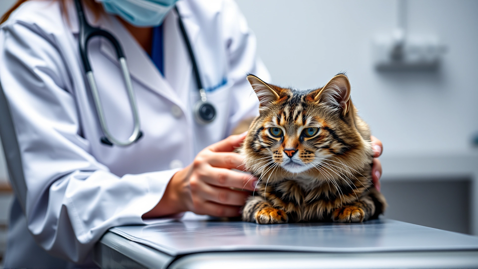 Veterinarian gently examining a calm short-haired cat on an exam table, stethoscope visible, clinical background, no text.