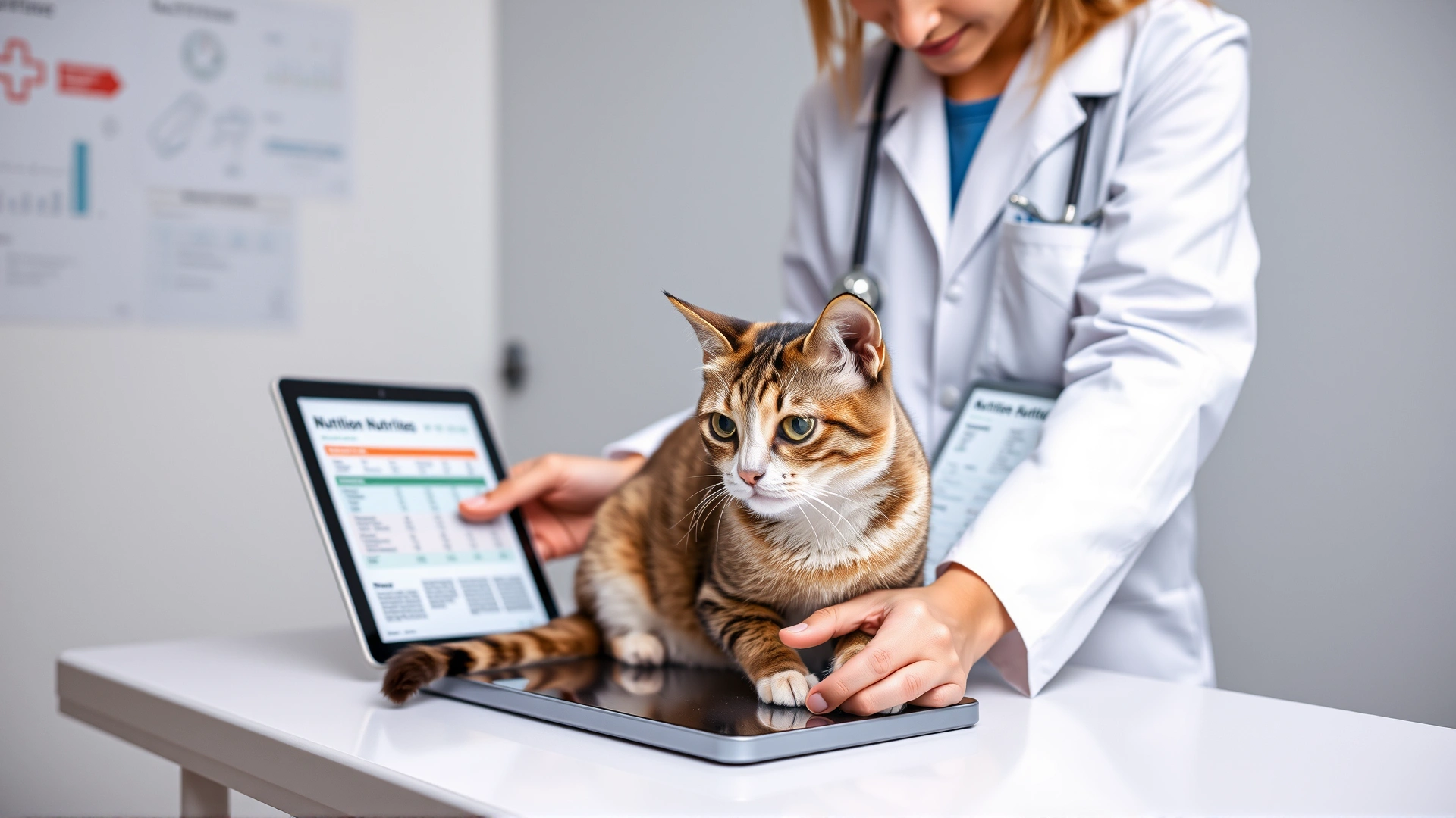 Veterinarian in white coat gently examining a cat on the clinic table while pointing to nutrition charts on a tablet (charts unreadable).