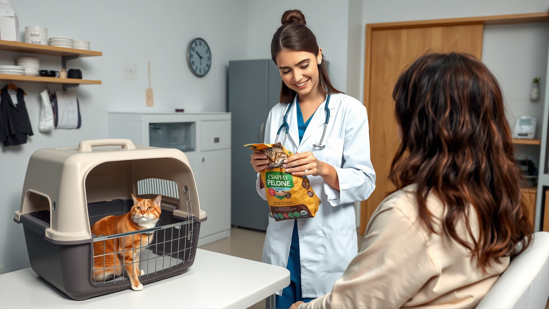 Female veterinarian in white coat discussing a cat food bag with a relaxed cat owner in a clinic, cat in carrier nearby