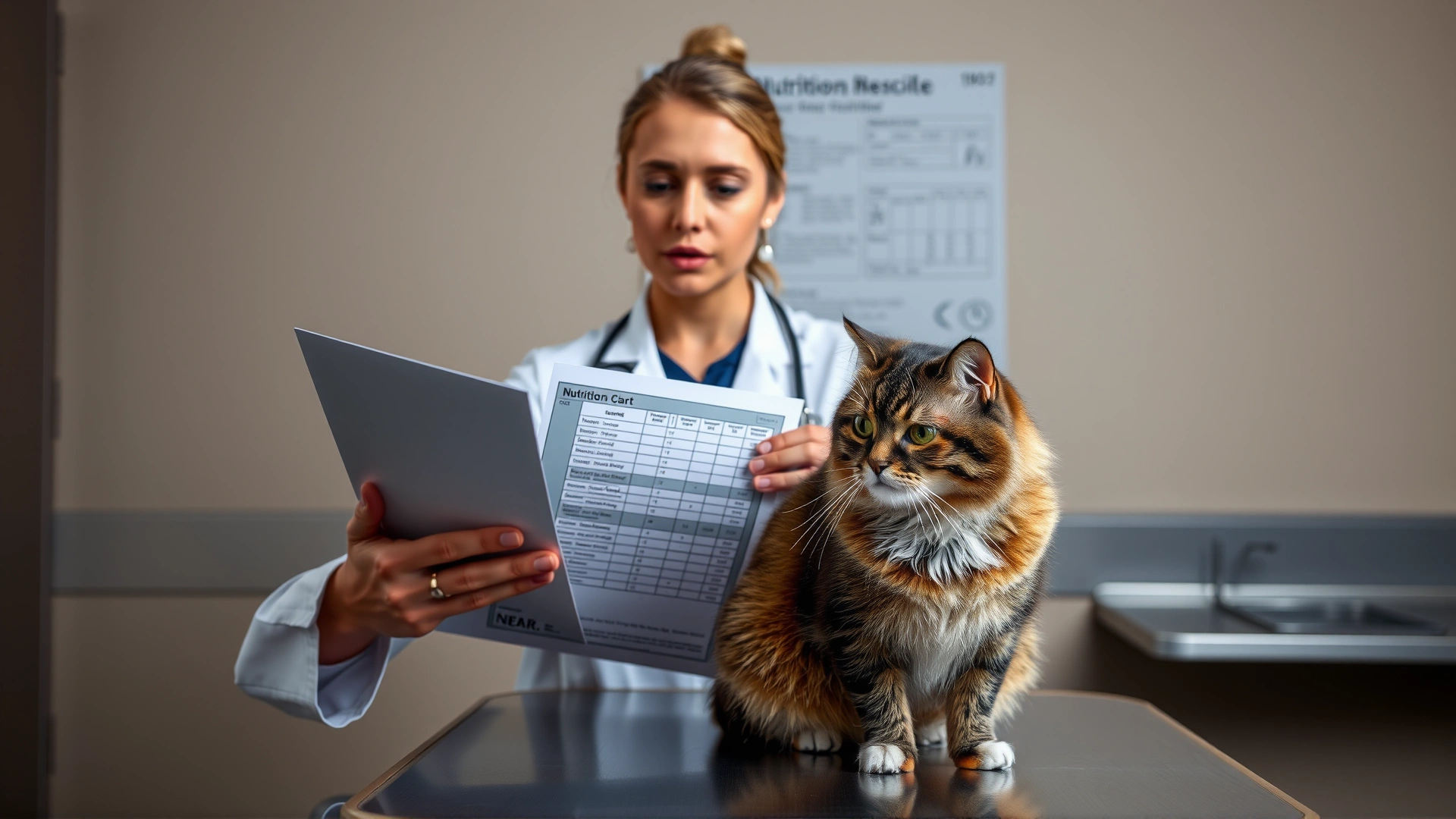 Female veterinarian in a white coat discussing a nutrition chart while holding a calm cat on the exam table.
