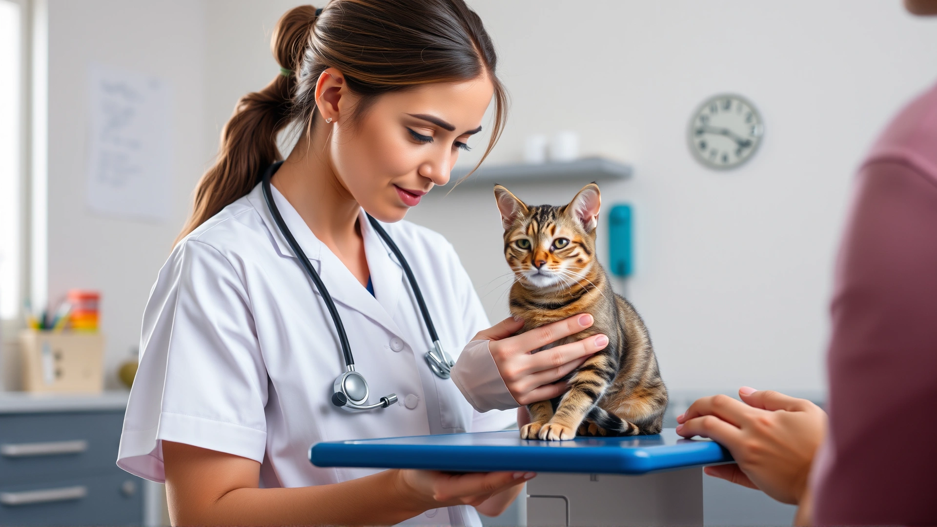 Female veterinarian gently holding a tabby cat on the exam table while discussing nutrition with the pet owner, clinic background softly lit.