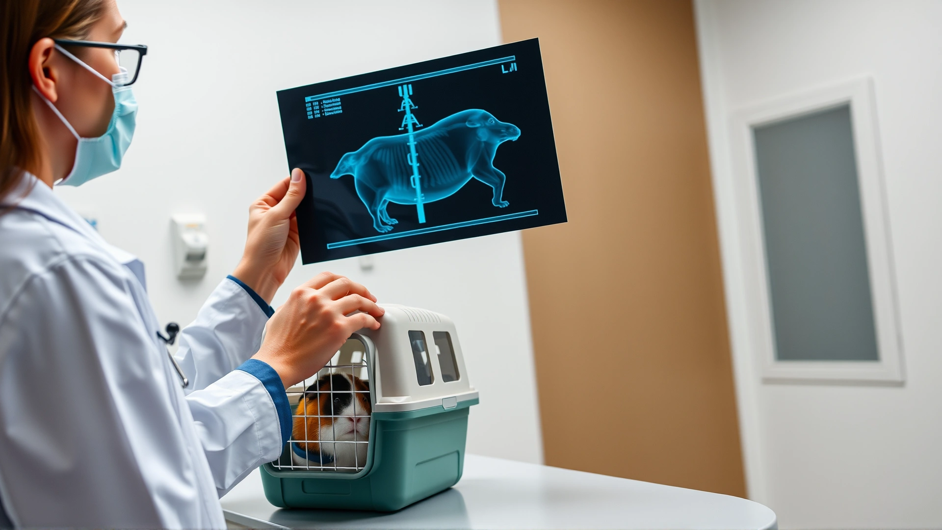 Veterinarian showing an X-ray to a pet owner with a guinea pig in a carrier on the exam table, modern clinic background.