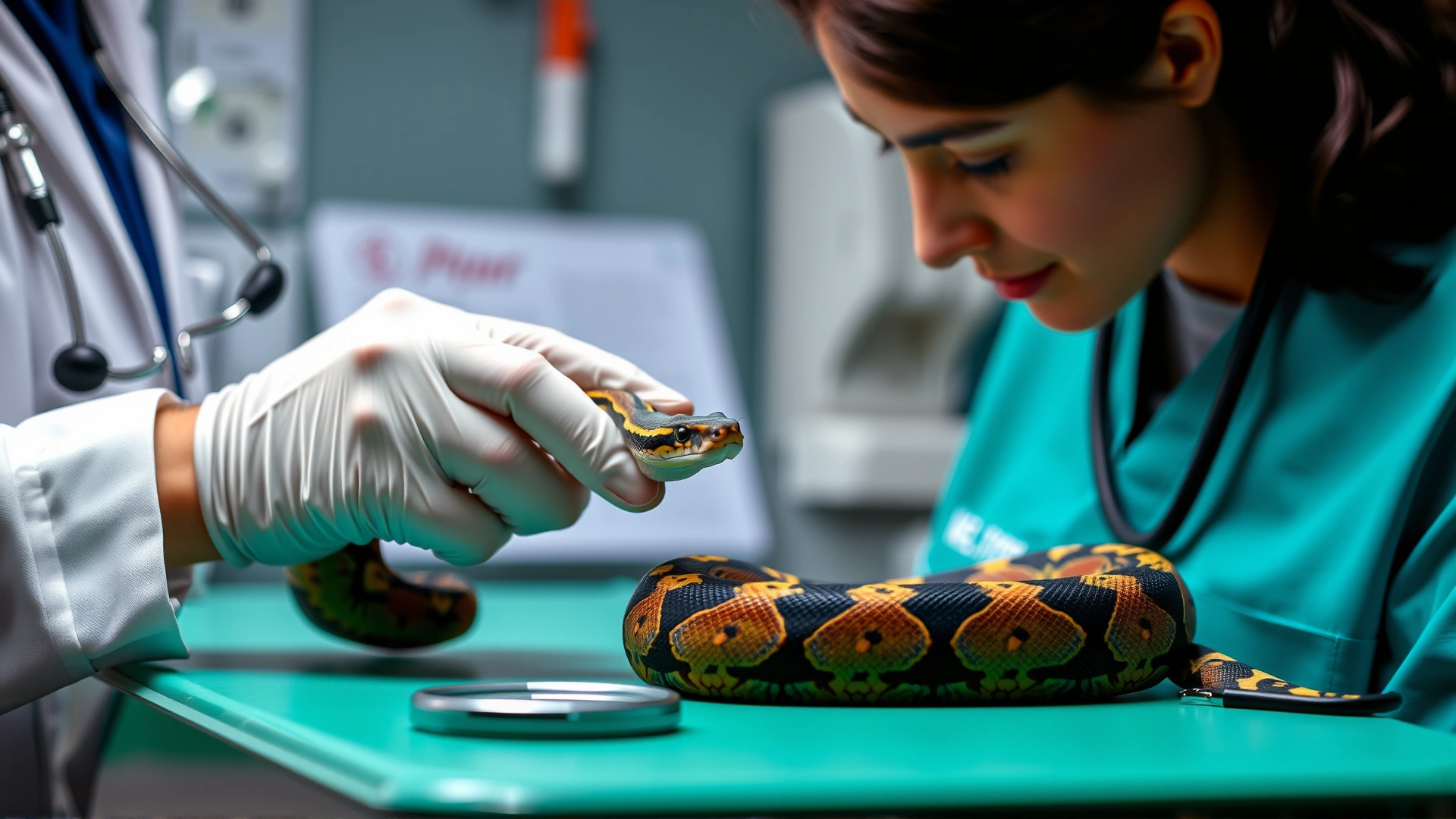 Reptile veterinarian examining a ball python on an examination table, stethoscope and medical tools in background