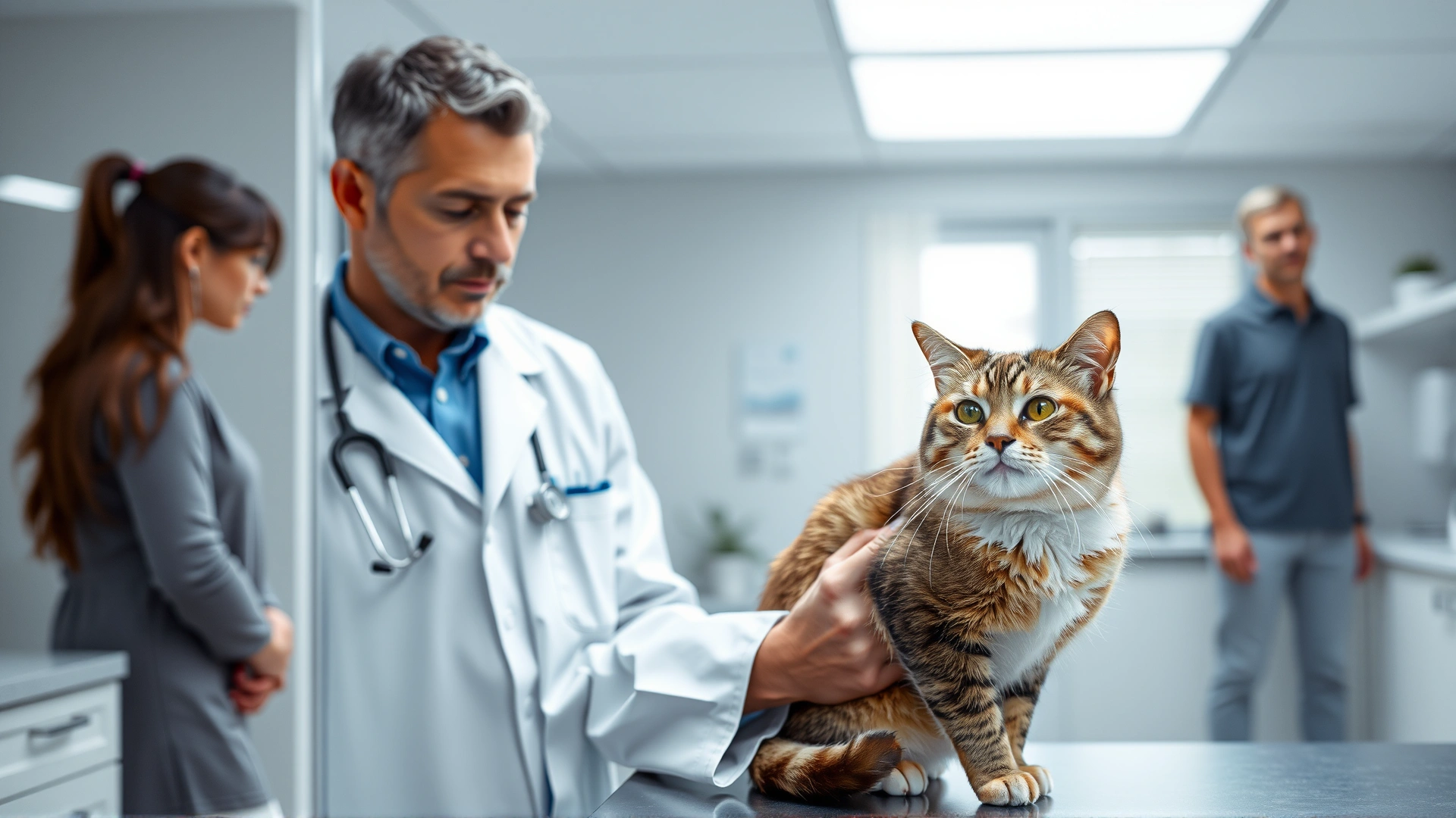 Veterinarian in white coat examining a cat with a stethoscope in a modern clinic, owner standing nearby