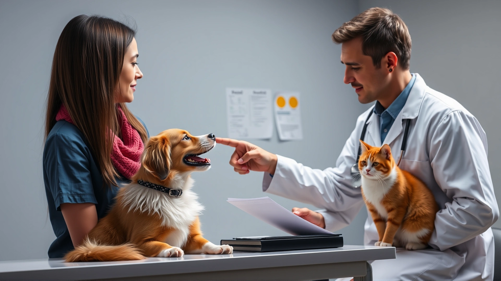 Veterinarian in white coat discussing medication plan with a pet owner while pointing at a prescription pad; dog and cat sitting on exam table