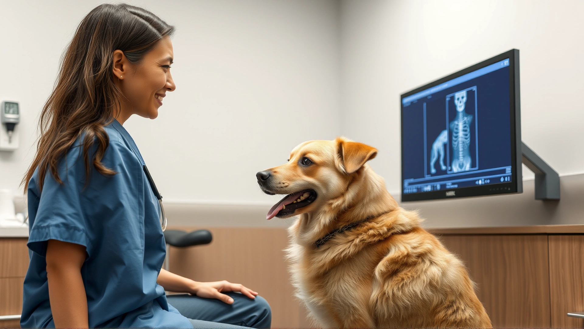 Dog owner talking to a veterinarian in a modern clinic, discussing X-ray images displayed on a monitor.