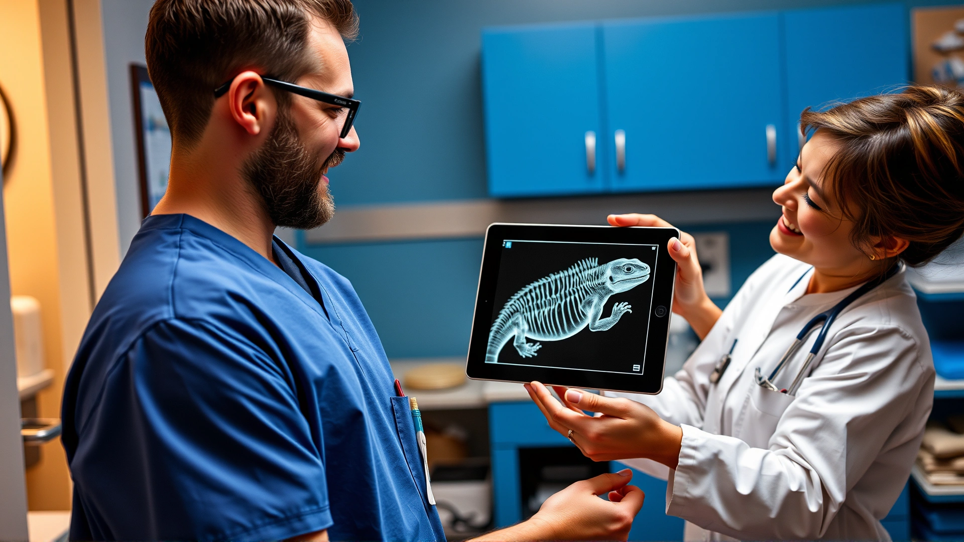 Pet owner speaking with exotic animal veterinarian holding a tablet displaying X-ray of reptile, friendly clinic environment