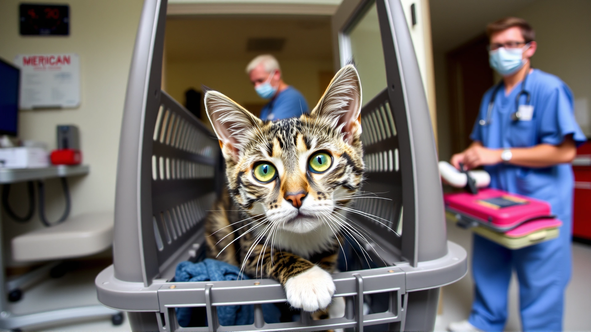 Cat in a carrier being rushed into a veterinary emergency clinic with a vet team in the background preparing equipment; conveys urgency and professionalism