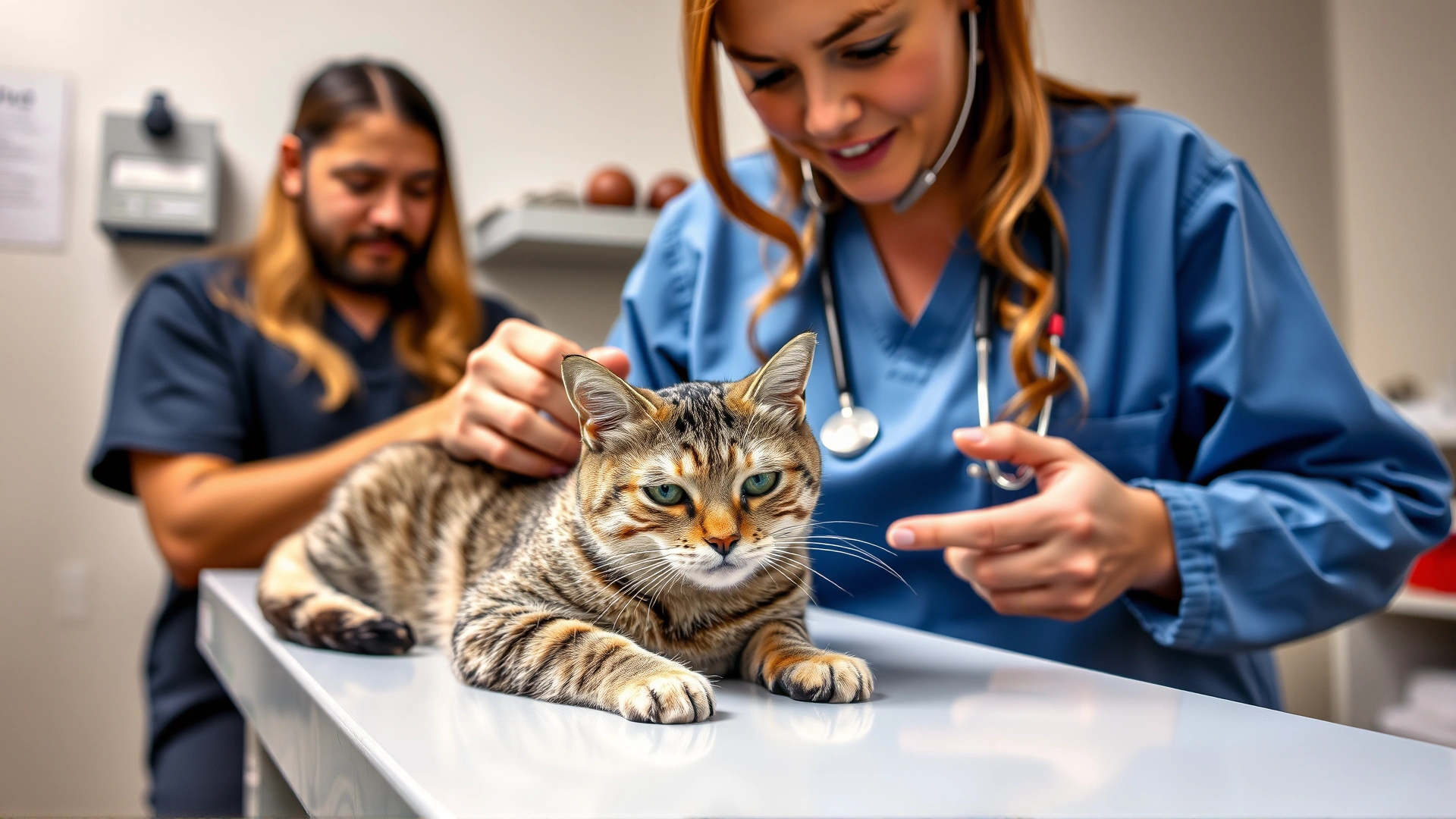 A veterinarian gently examining a calm cat on the clinic table with the owner looking on, showing professional consultation.