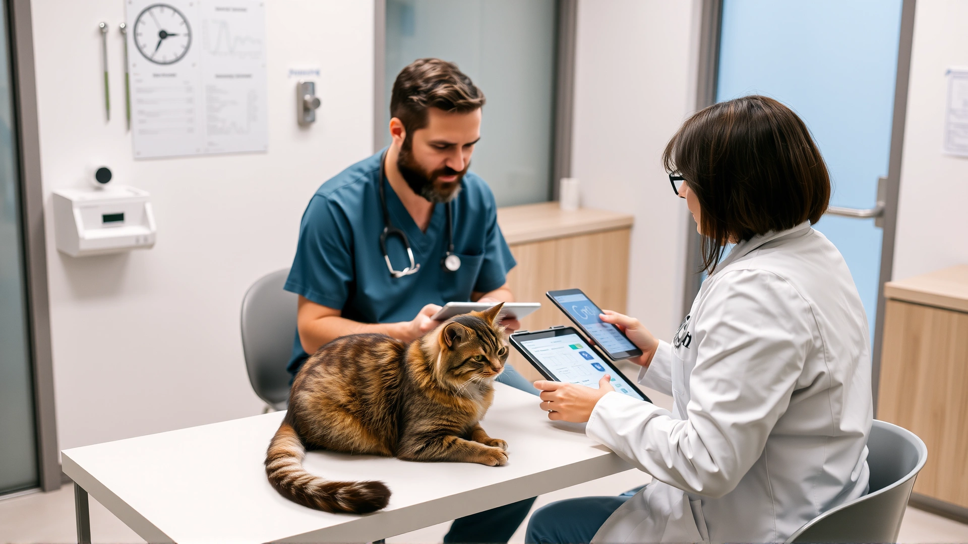 Cat owner sitting across a veterinarian in a modern clinic, both looking at medical charts on a tablet while the cat rests calmly on the table.