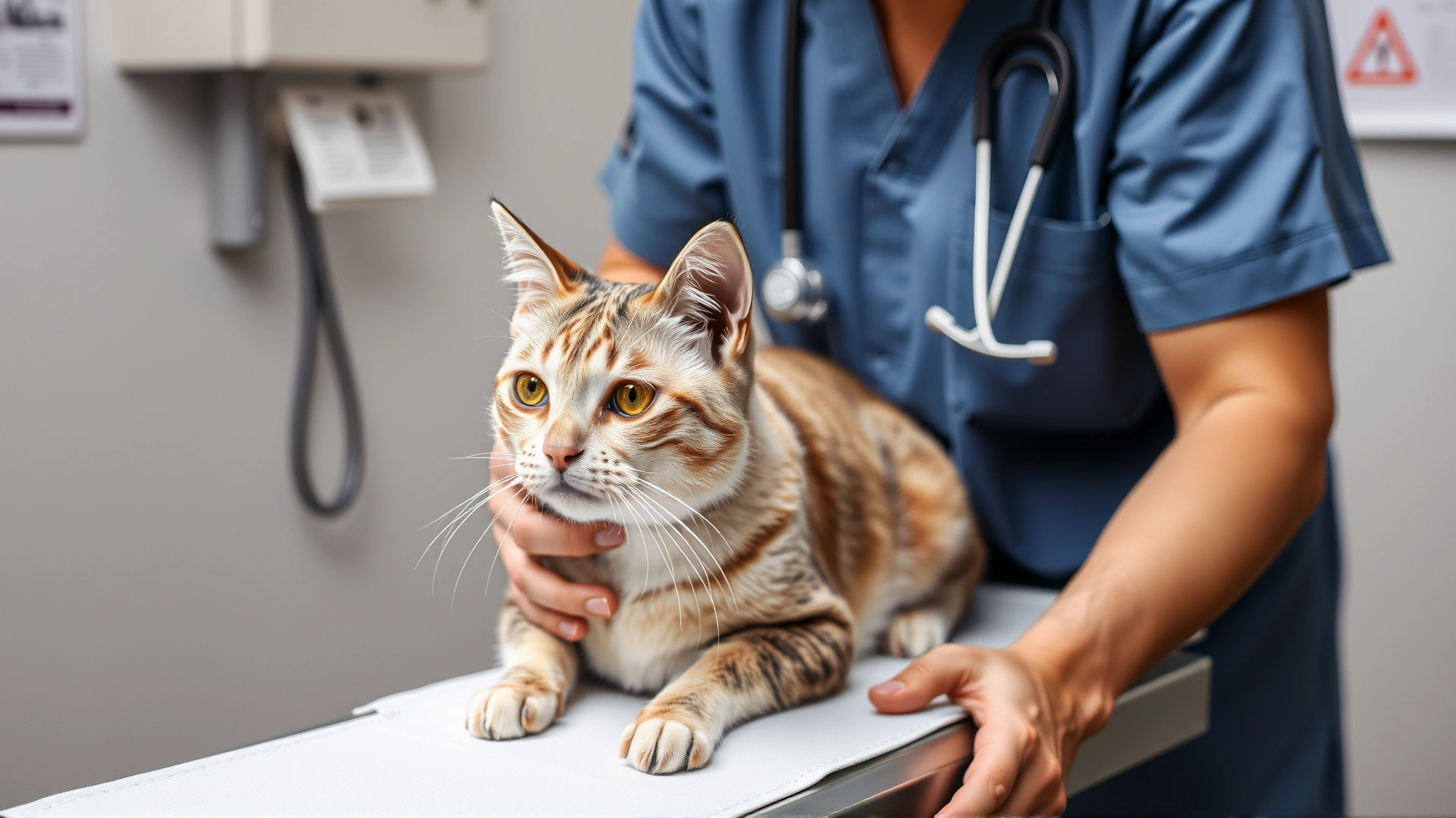 A veterinarian gently examining an older cat on an exam table, showing professional care and diagnosis.