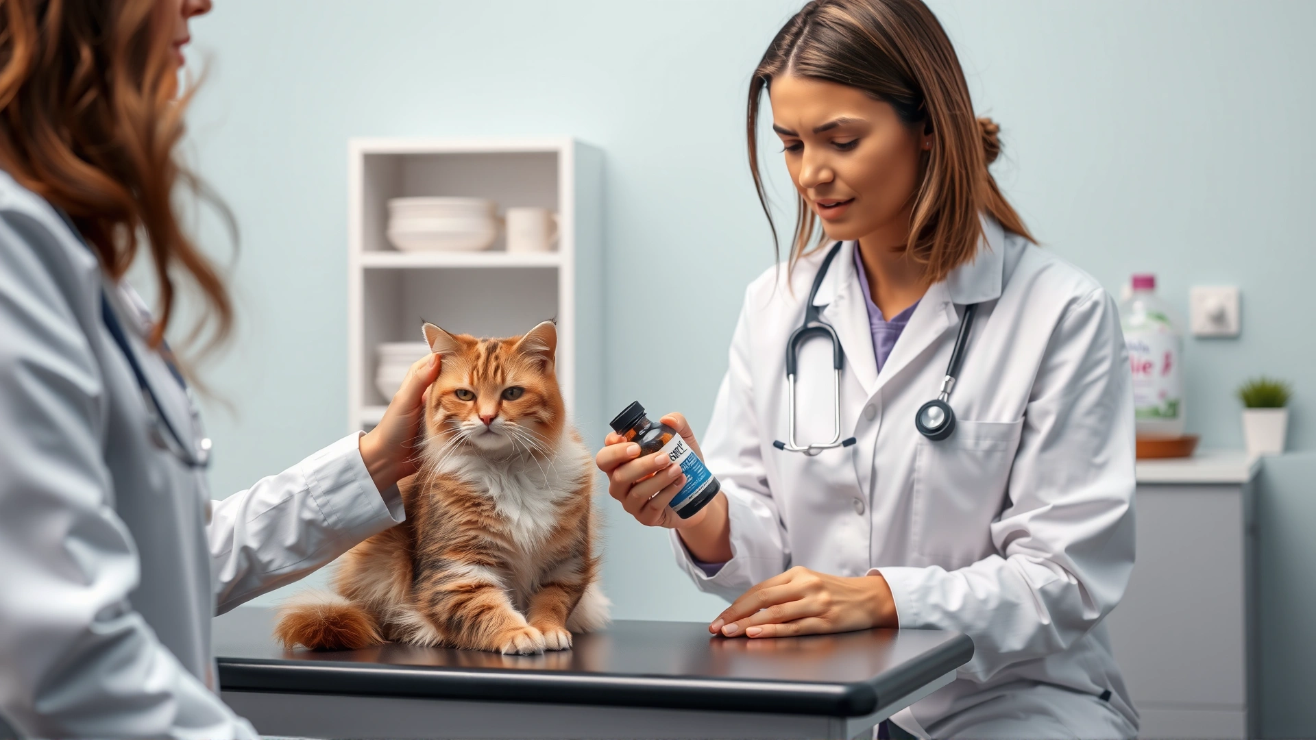 Female veterinarian wearing white coat discussing a bottle of fish oil supplement with a cat owner while a calm cat sits on the exam table, clinic background