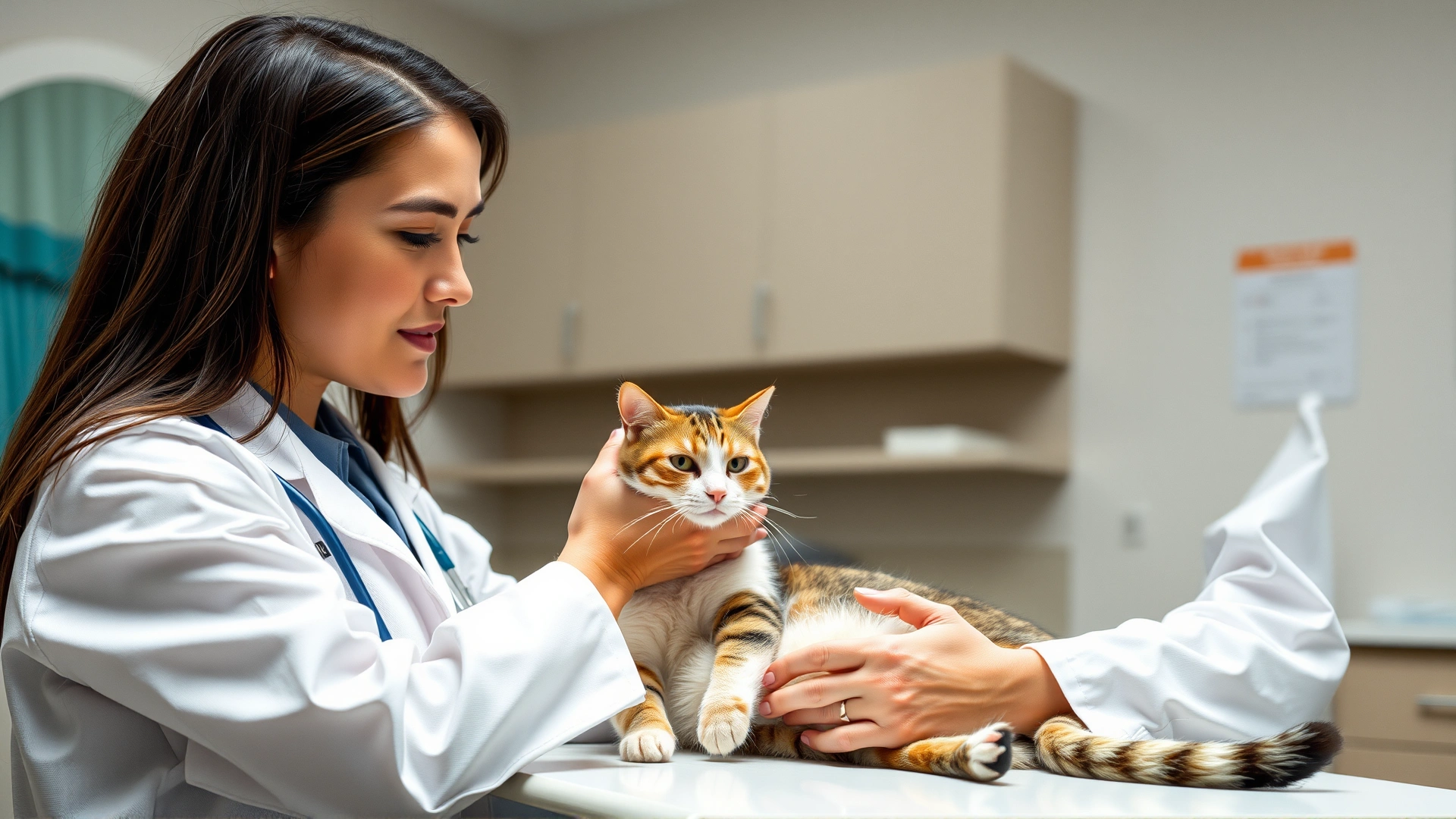 Veterinarian in a white coat examining a cat on an exam table in a modern clinic, both looking calm.