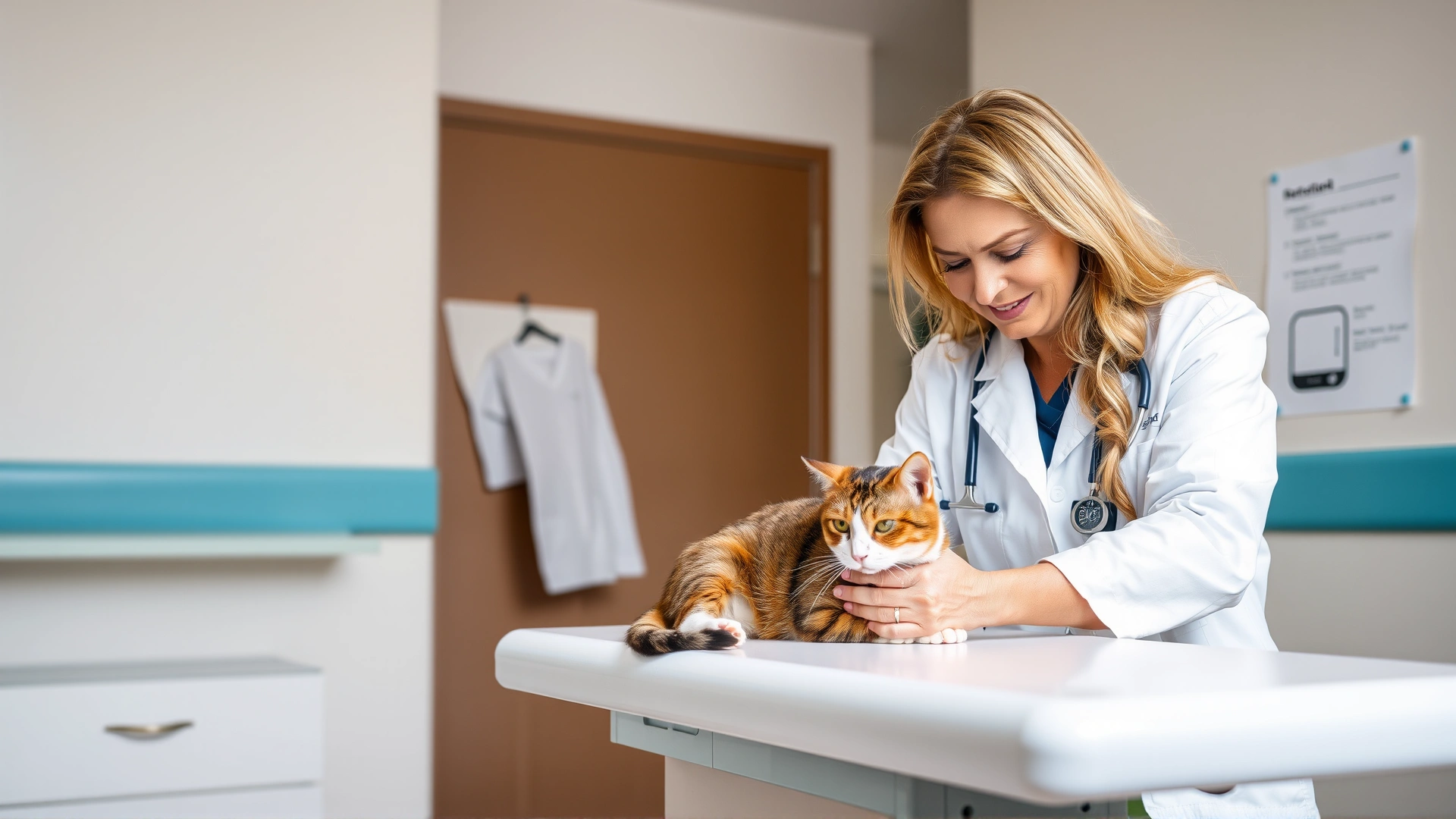 Friendly veterinarian in a white coat gently examining a calm cat on an exam table, bright clinic setting, conveying professional advice.