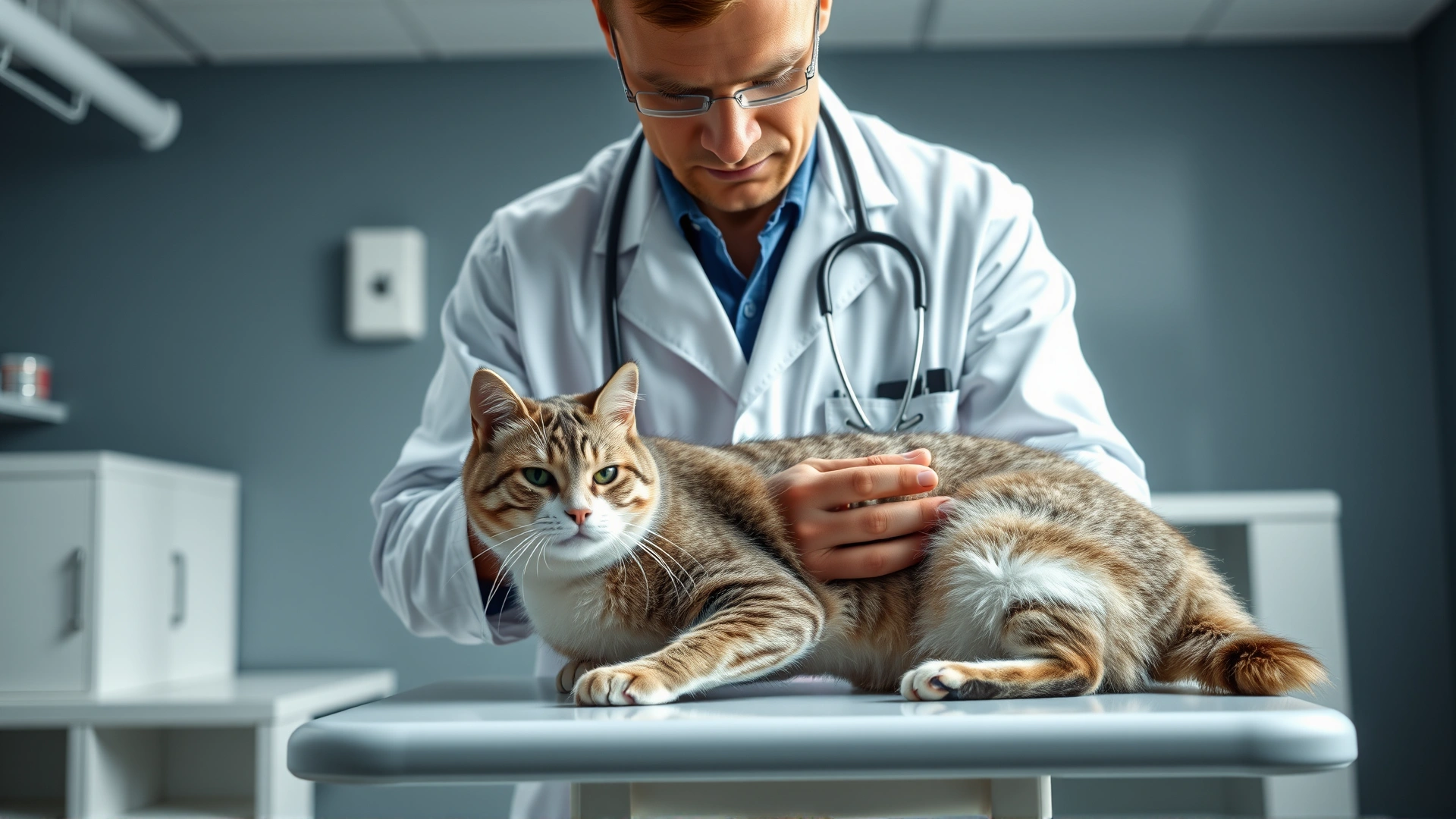 Veterinarian wearing a white coat and stethoscope gently examining a calm domestic cat on an exam table in a modern veterinary clinic, soft lighting