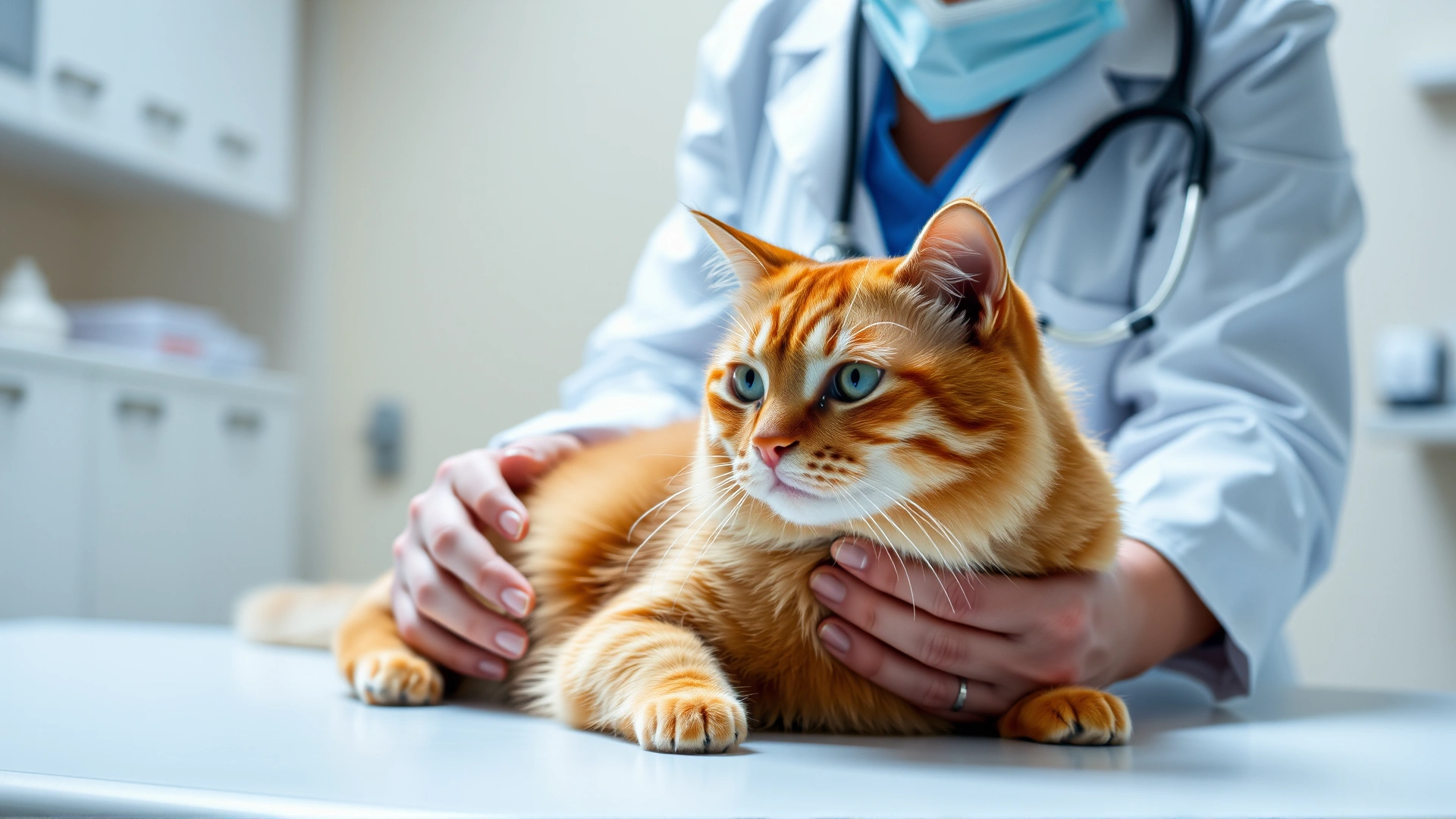 Female veterinarian in white coat gently examining a calm orange cat on the exam table, clinic background slightly blurred.