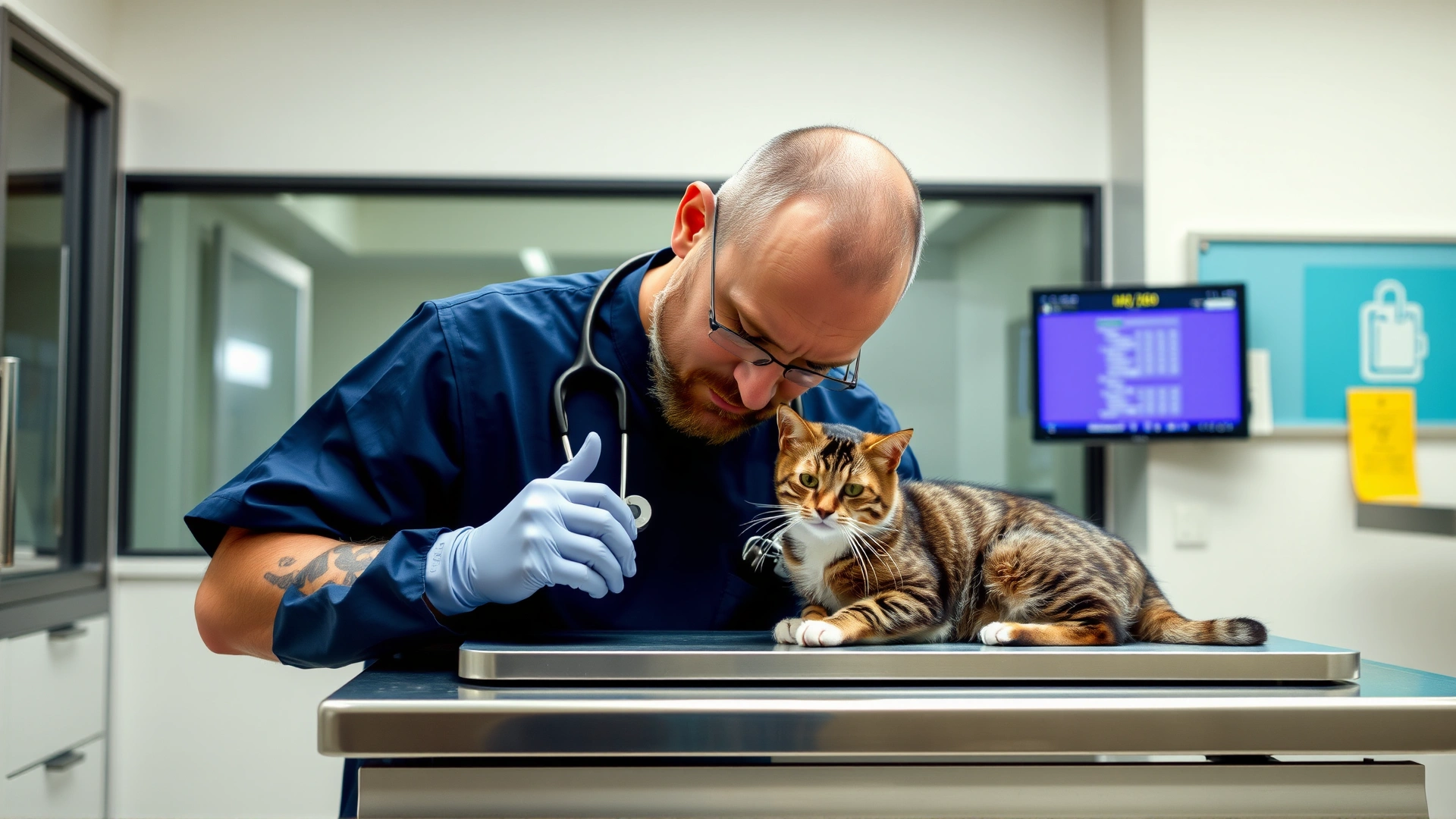 Professional veterinarian gently examining a calm cat on a stainless-steel examination table at a modern clinic.