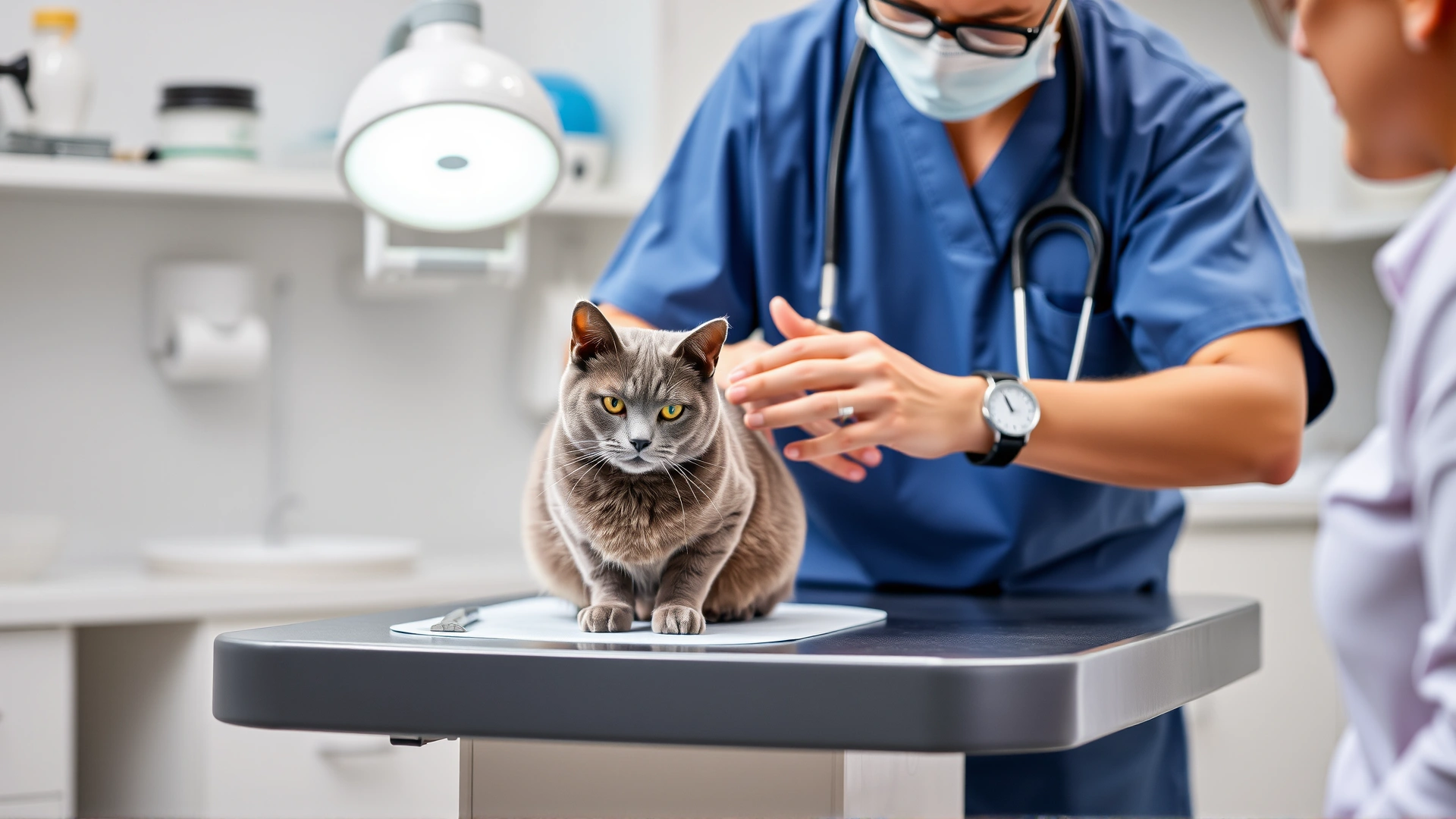 Veterinarian in clinic gently examining a gray cat on table while discussing diet with owner, bright professional environment