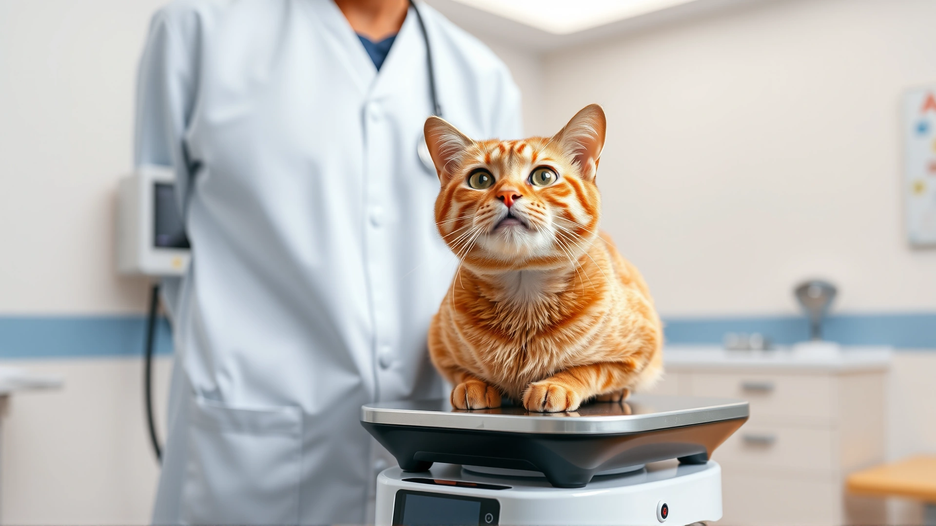 Veterinarian weighing an orange tabby cat on a digital scale in a bright clinic room.