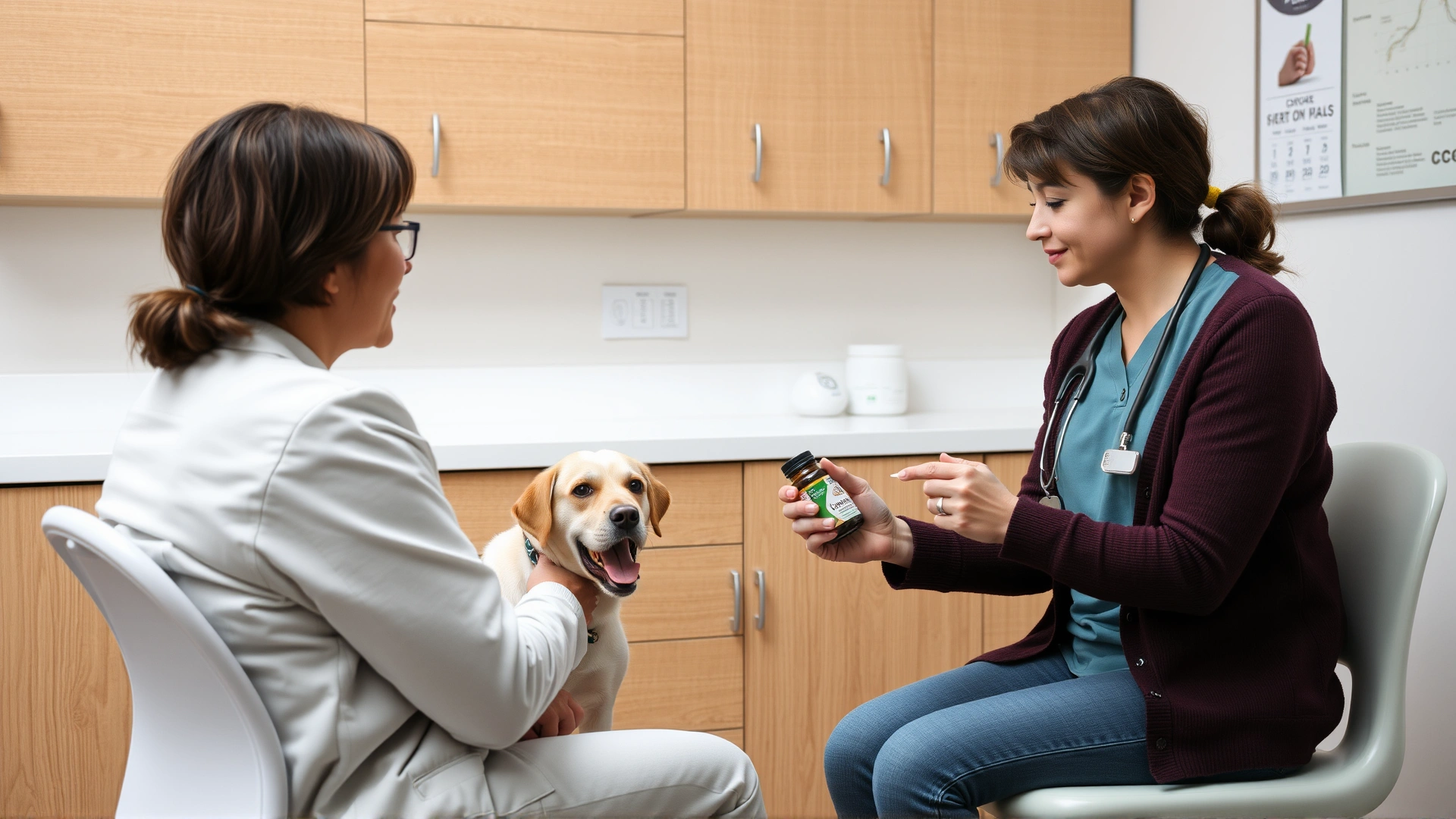 Pet owner sitting across from a veterinarian discussing supplement options in an exam room; both looking at a bottle of supplements