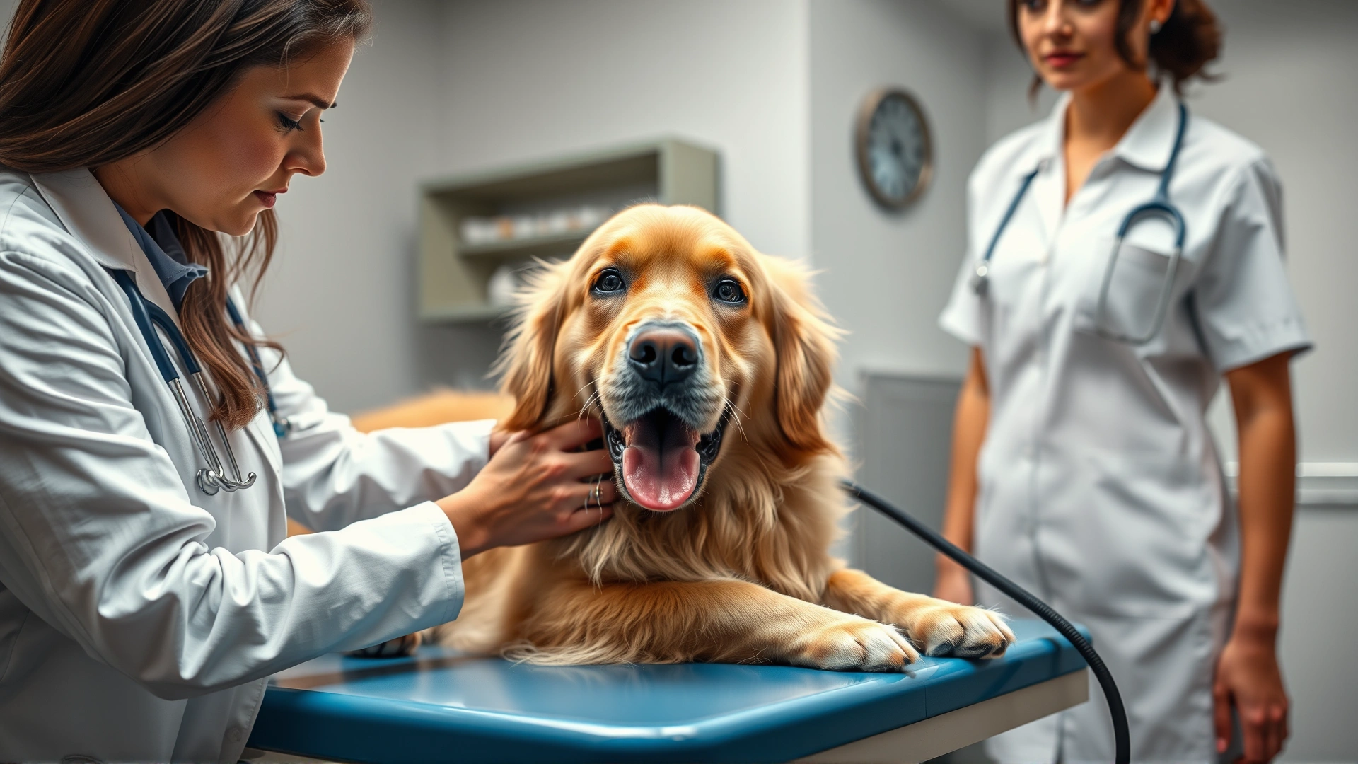 Female veterinarian in white coat gently examining a Golden Retriever on a clinic table while the owner watches with concern