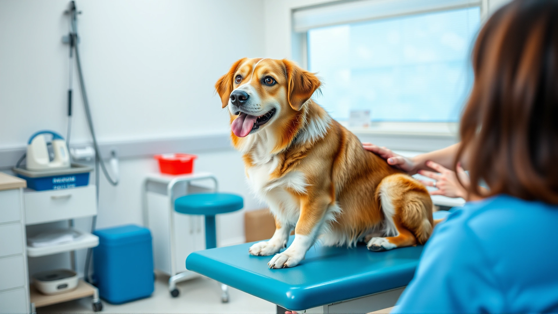 Dog sitting calmly on an examination table while veterinarian talks to the owner in a bright veterinary clinic.