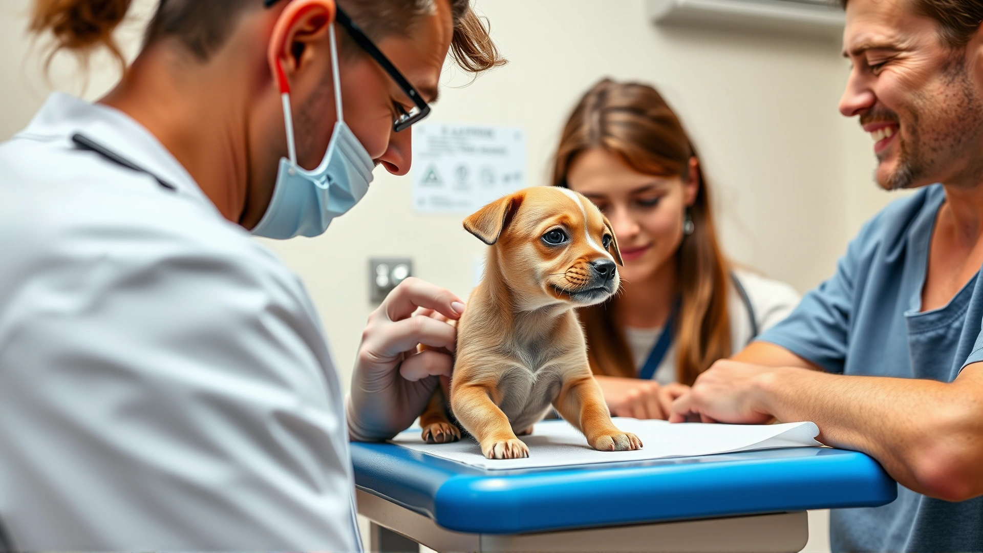 Veterinarian examining a small puppy on an exam table while discussing flea prevention options with the pet owner