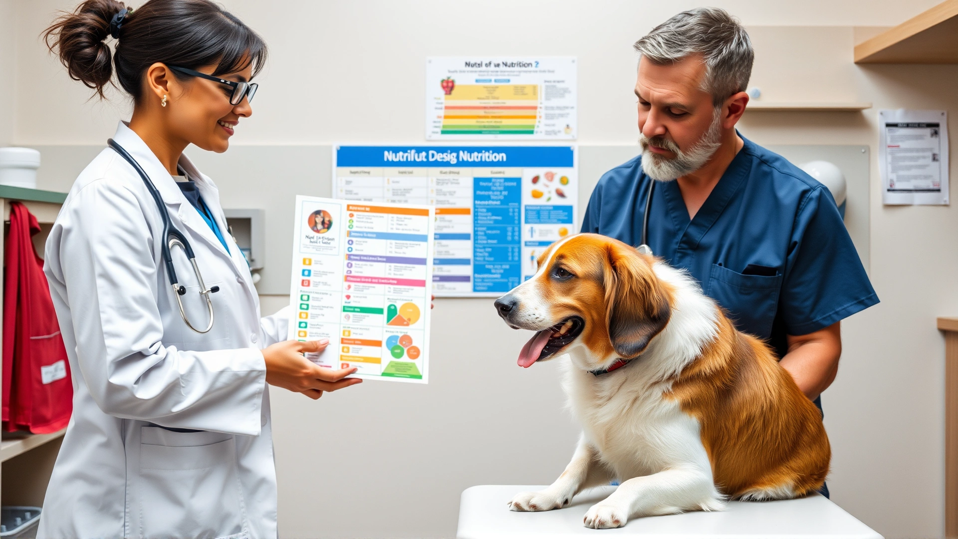 Veterinarian in clinic showing a dog's guardian a colorful nutrition chart while dog sits calmly on examination table