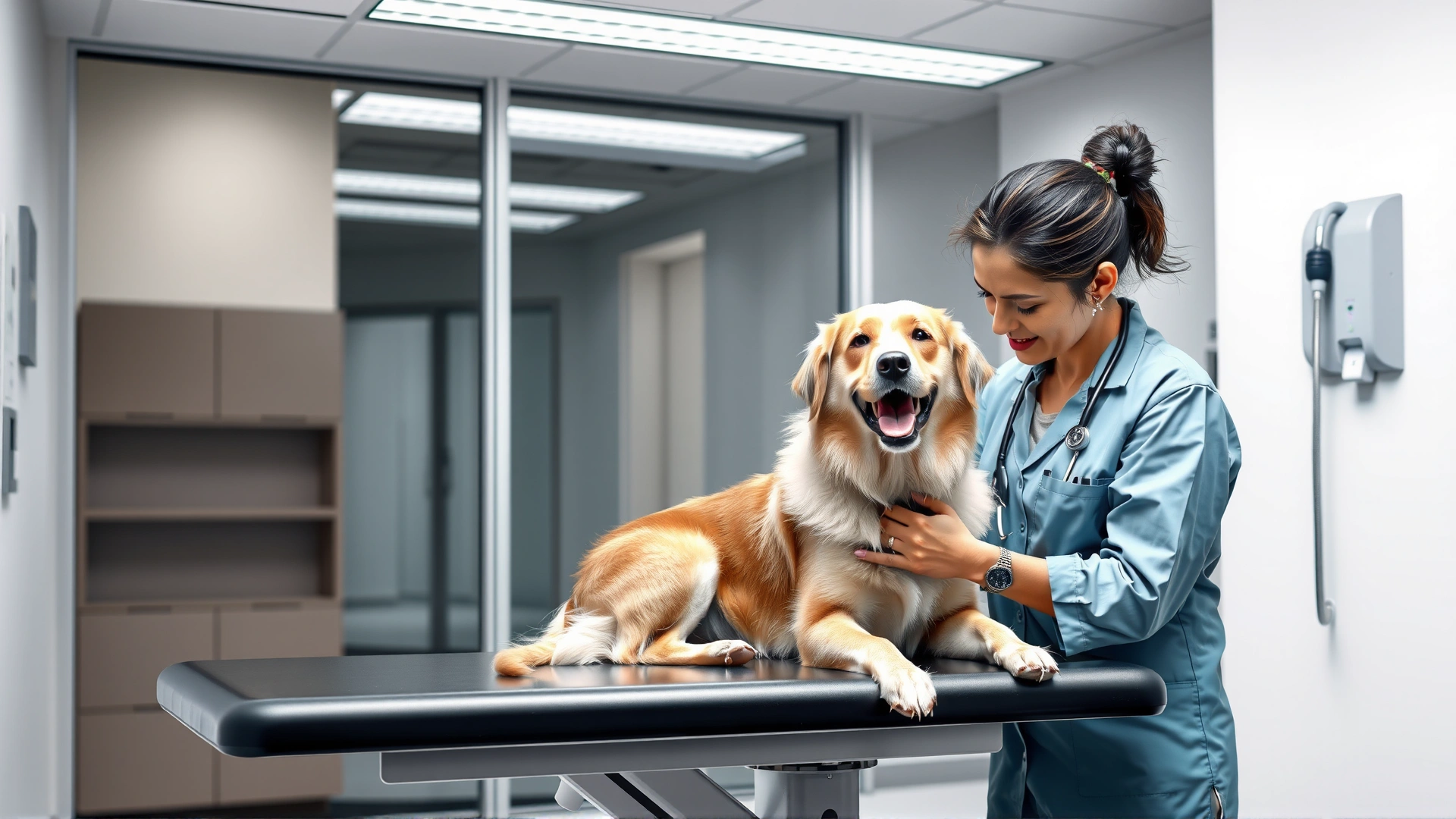 A veterinarian gently examining a happy dog on an examination table in a modern clinic.
