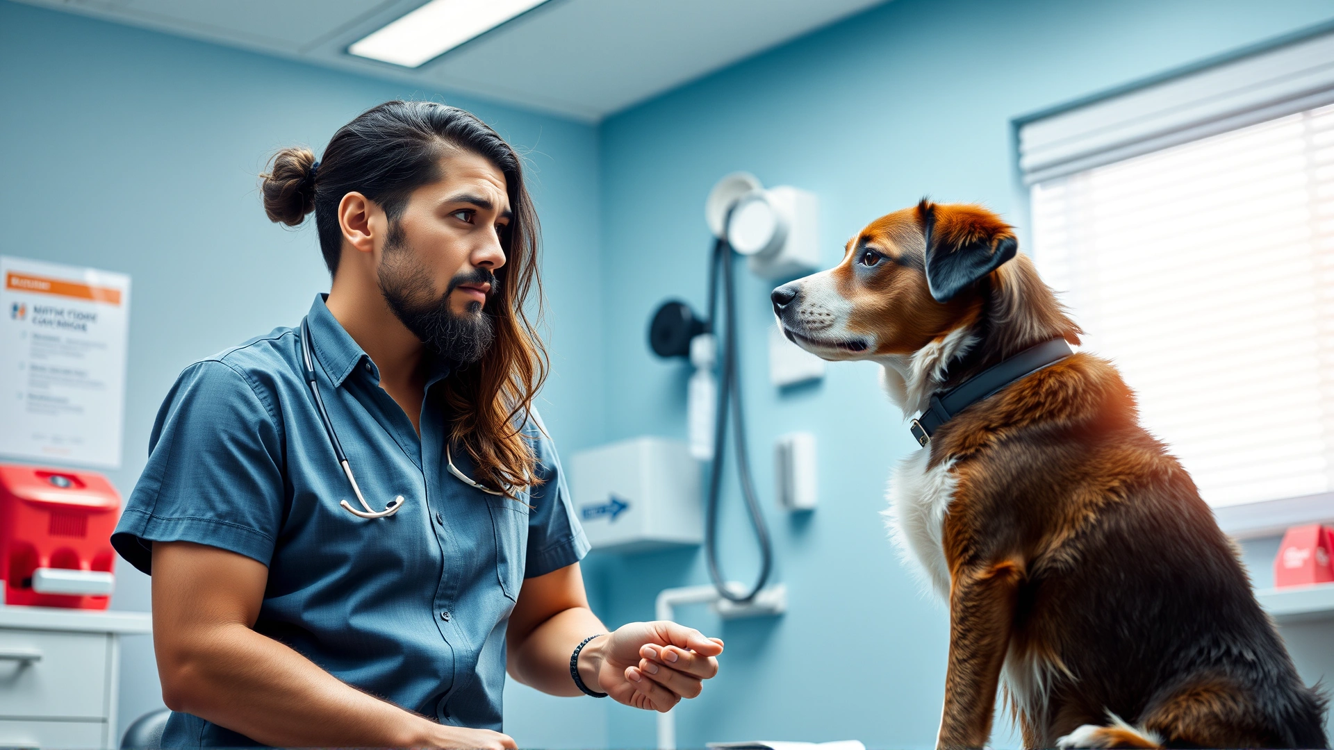 Concerned dog owner speaking with a veterinarian in a modern clinic, dog sitting on exam table, bright lighting