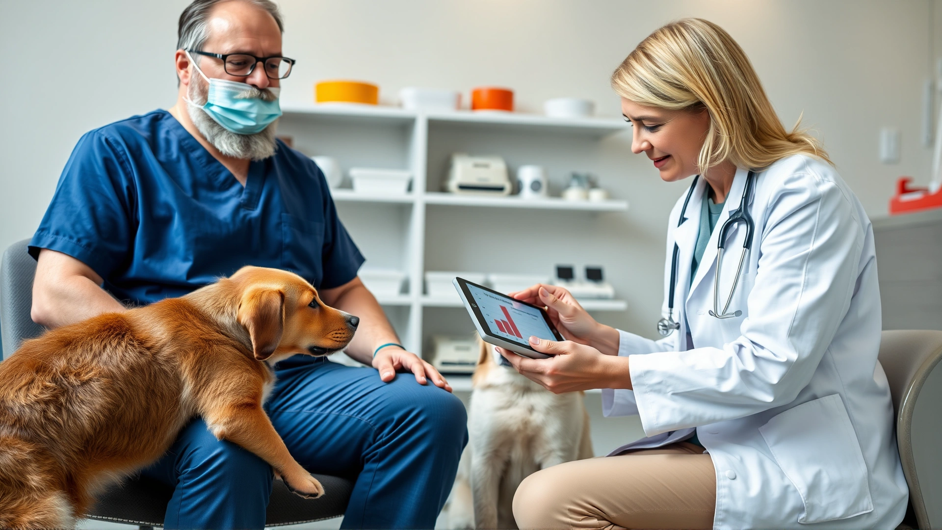 Dog owner sitting with a veterinarian in a modern clinic; vet points to a digital nutrition chart on a tablet while the dog watches